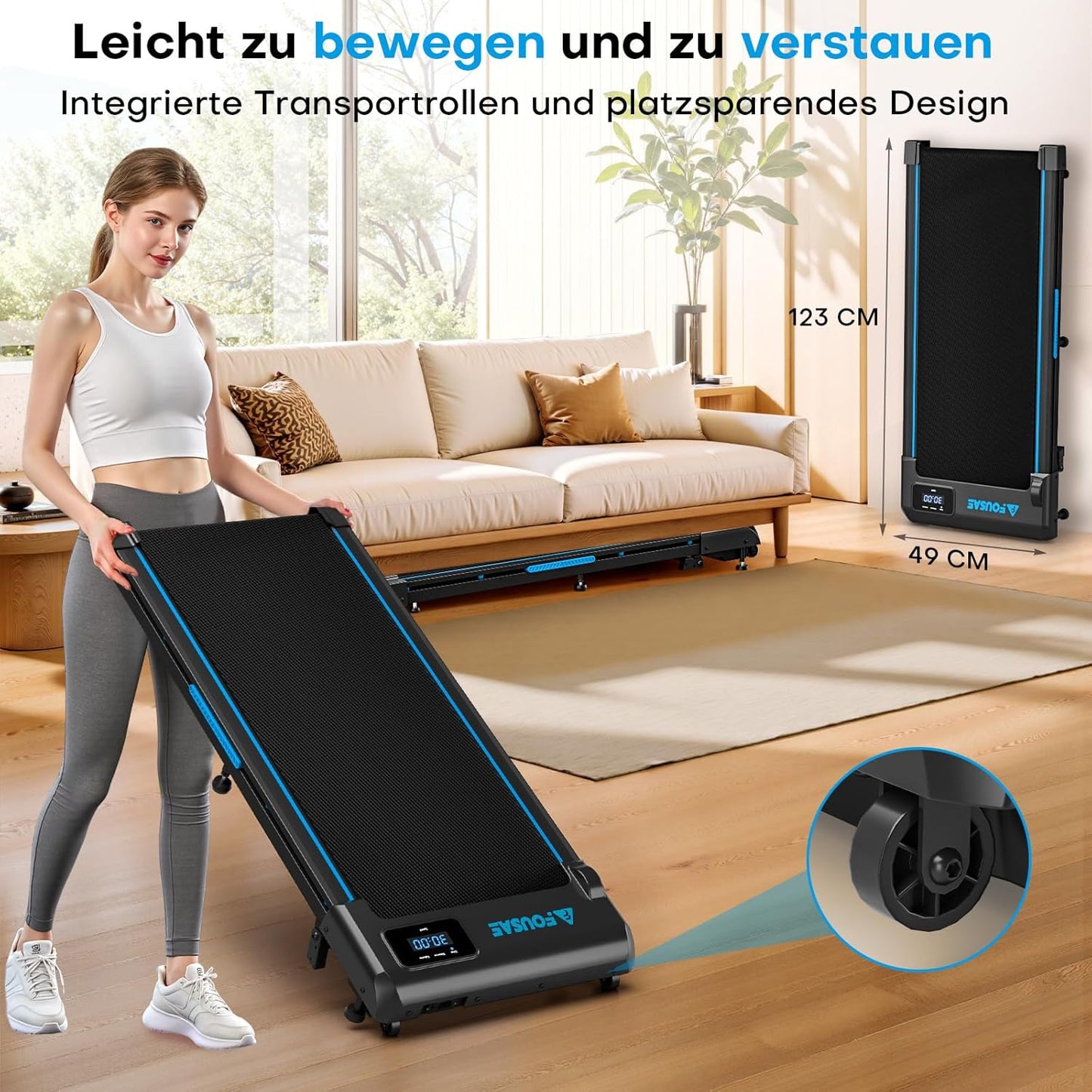 Walking Pad Laufband mit Steigung, Schwarz-Blau 4-in-1 mit Doppelter Stoßdämpfung