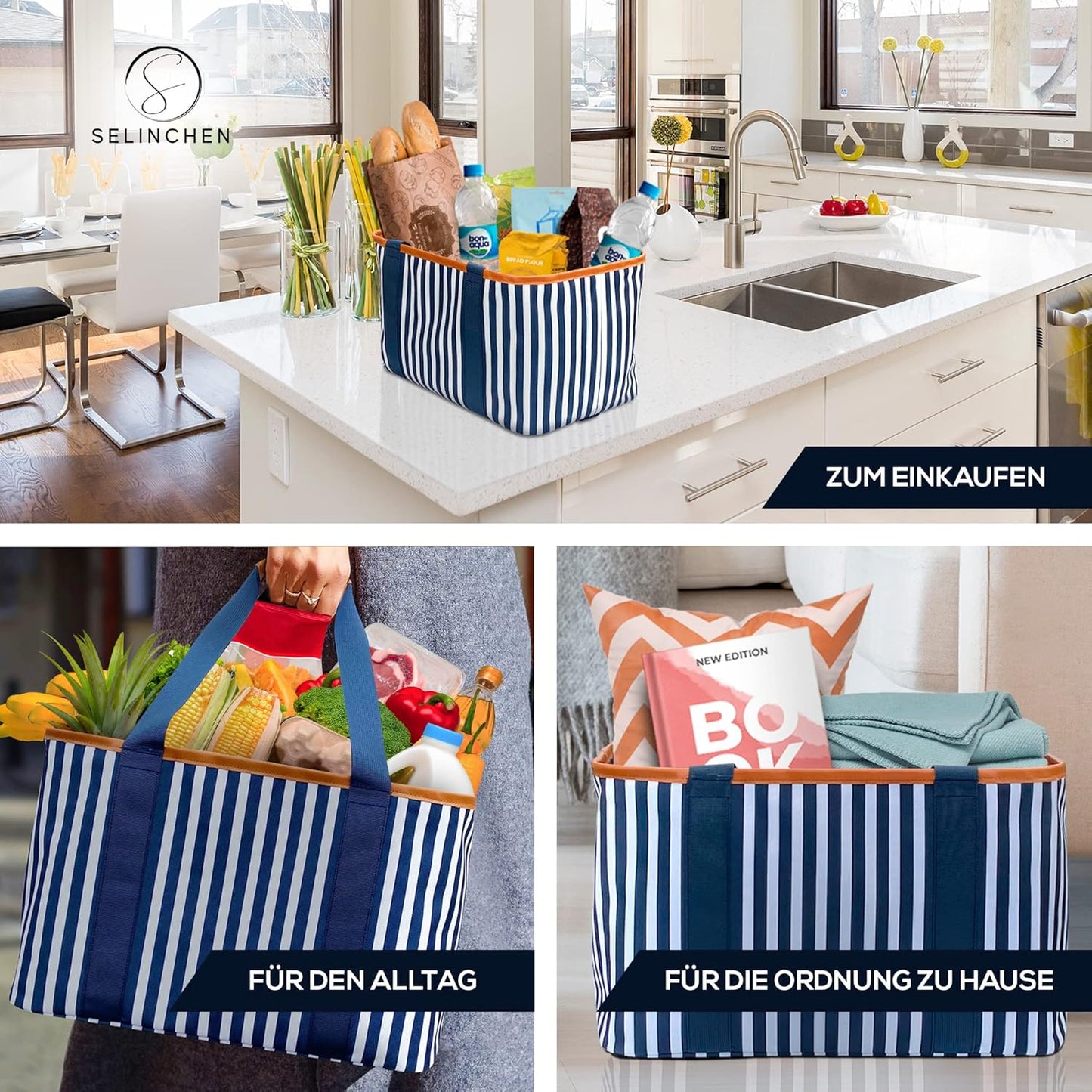 Premium Einkaufskorb mit PU-Griff, Blau