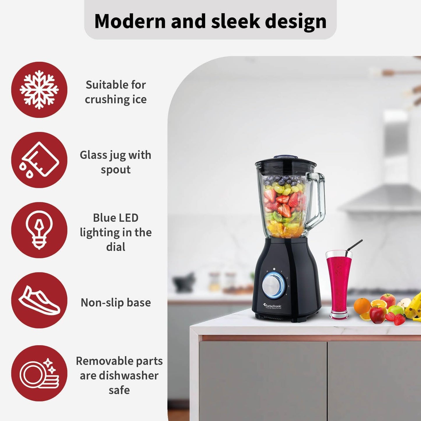 Standmixer 1400W mit Glasbehälter und 6 Klingen, Schwarz