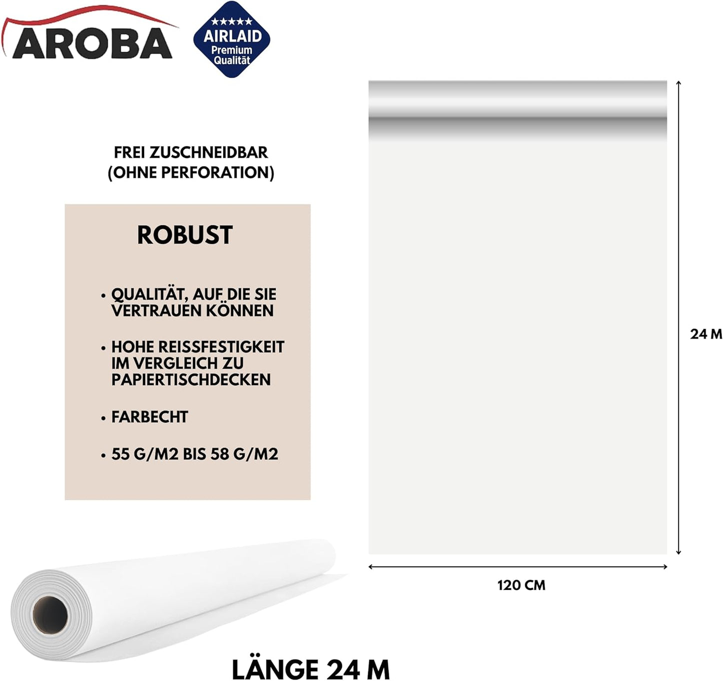 Airlaid Tischdeckenrolle, 2400 x 120 cm (Rechteckig) Weiß