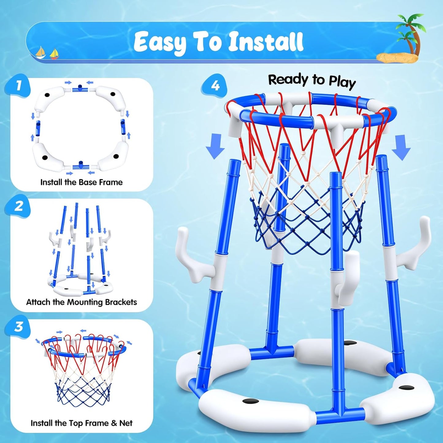 Pool-Basketballkorb-Set mit 4 Bällen und 12 Ringen