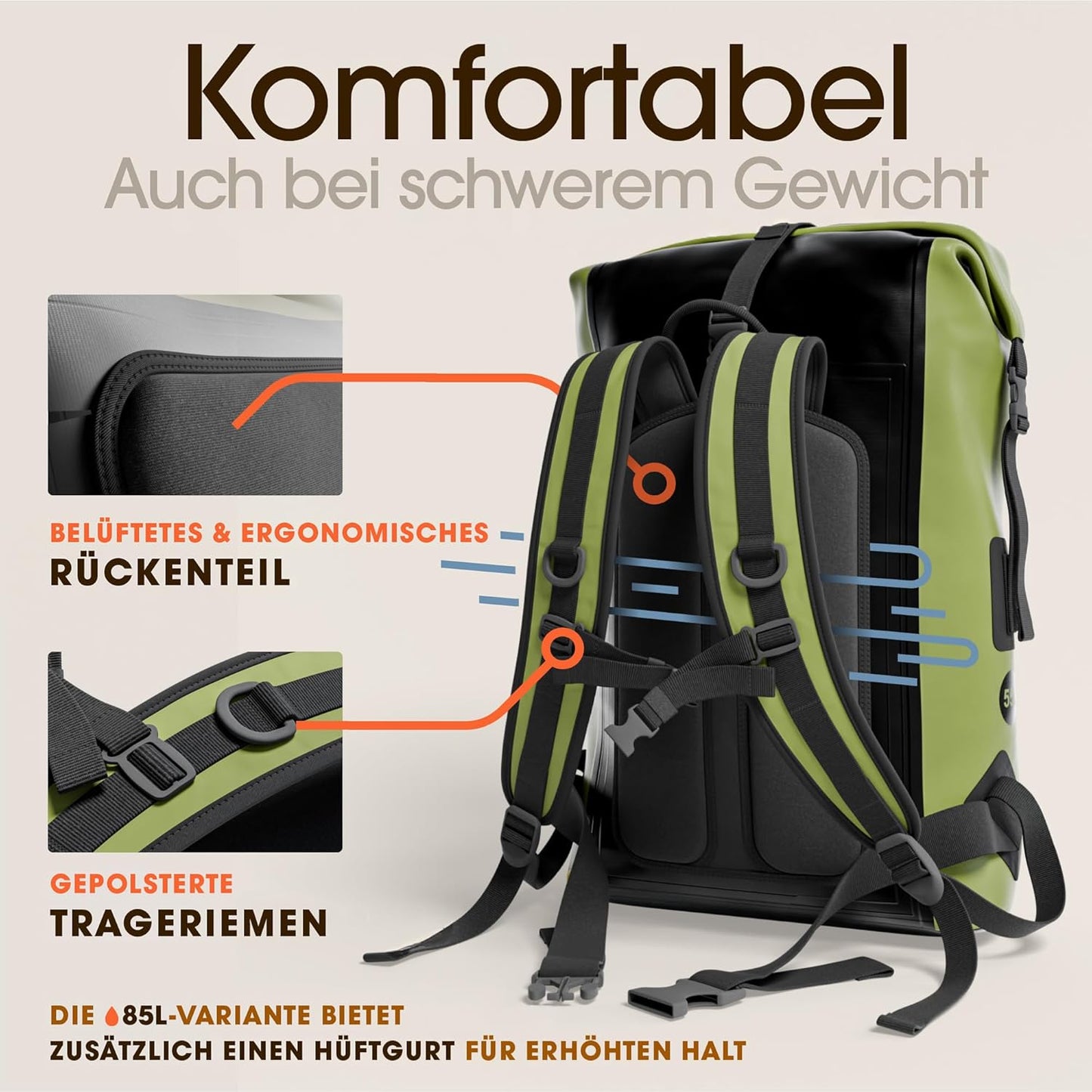 Wasserdichter Rucksack mit Rolltop-Verschluss, 35L Grün
