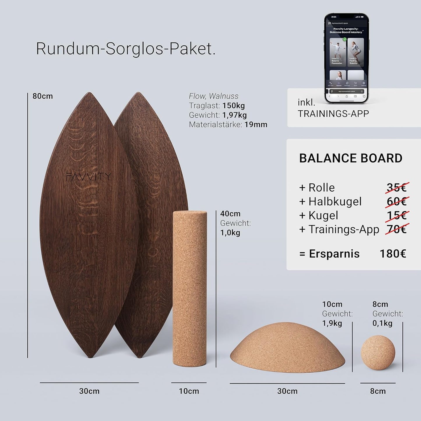Eichenholz Balance Board, Flow Walnuss