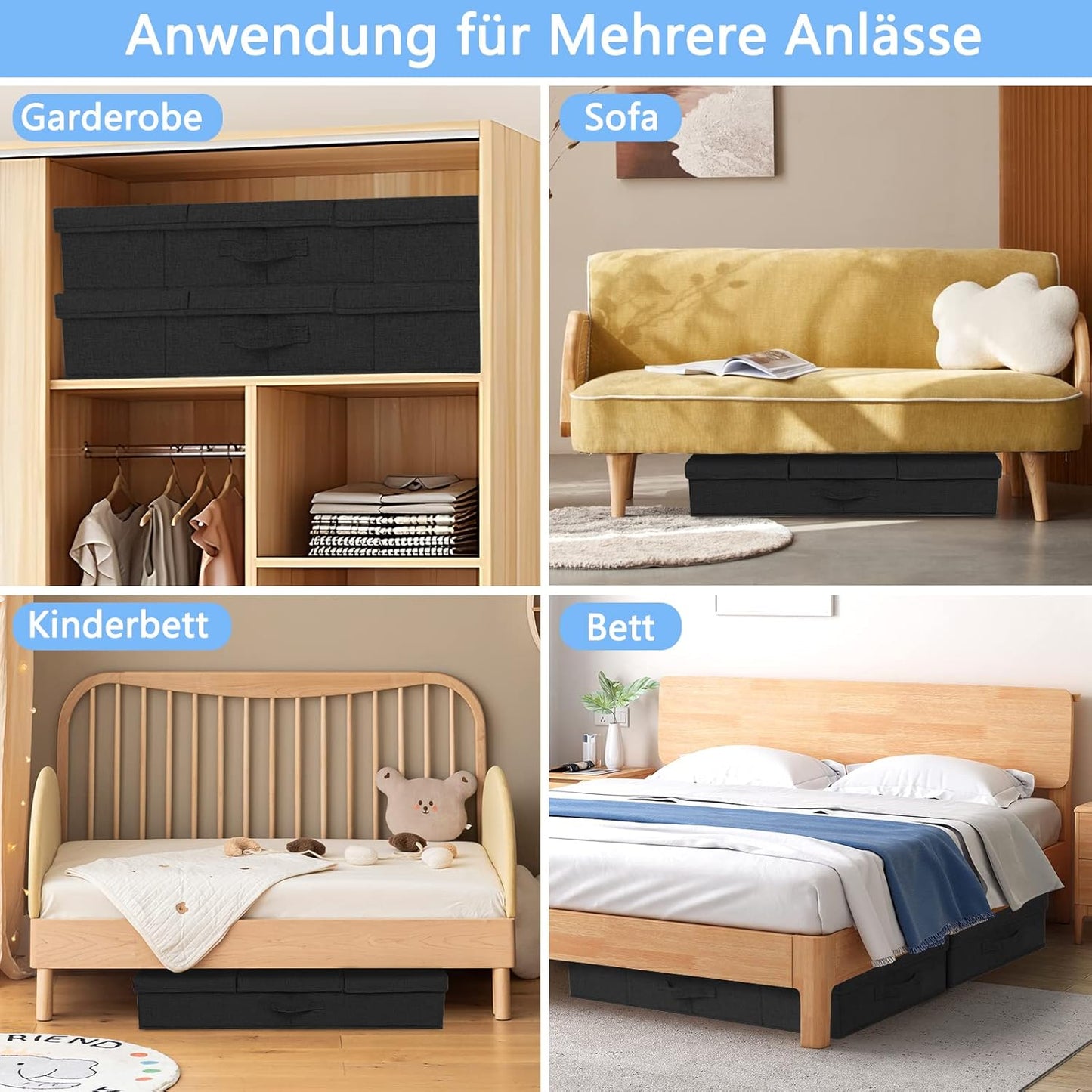 Faltbare Unterbett-Aufbewahrungsbox, 2 Stück, Schwarz