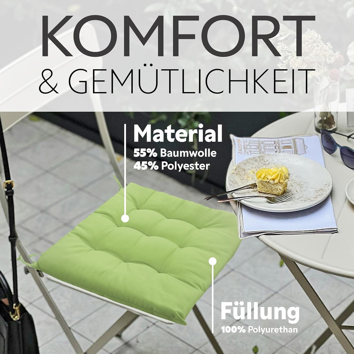 Stuhlkissen Set mit Haltebändern (2 Stück), 2 Stück (1er Pack) Grün