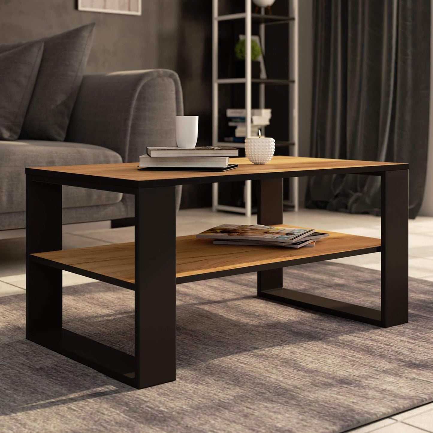 Minimalistischer Couchtisch mit Ablage, Handwerkliche Eiche Schwarz
