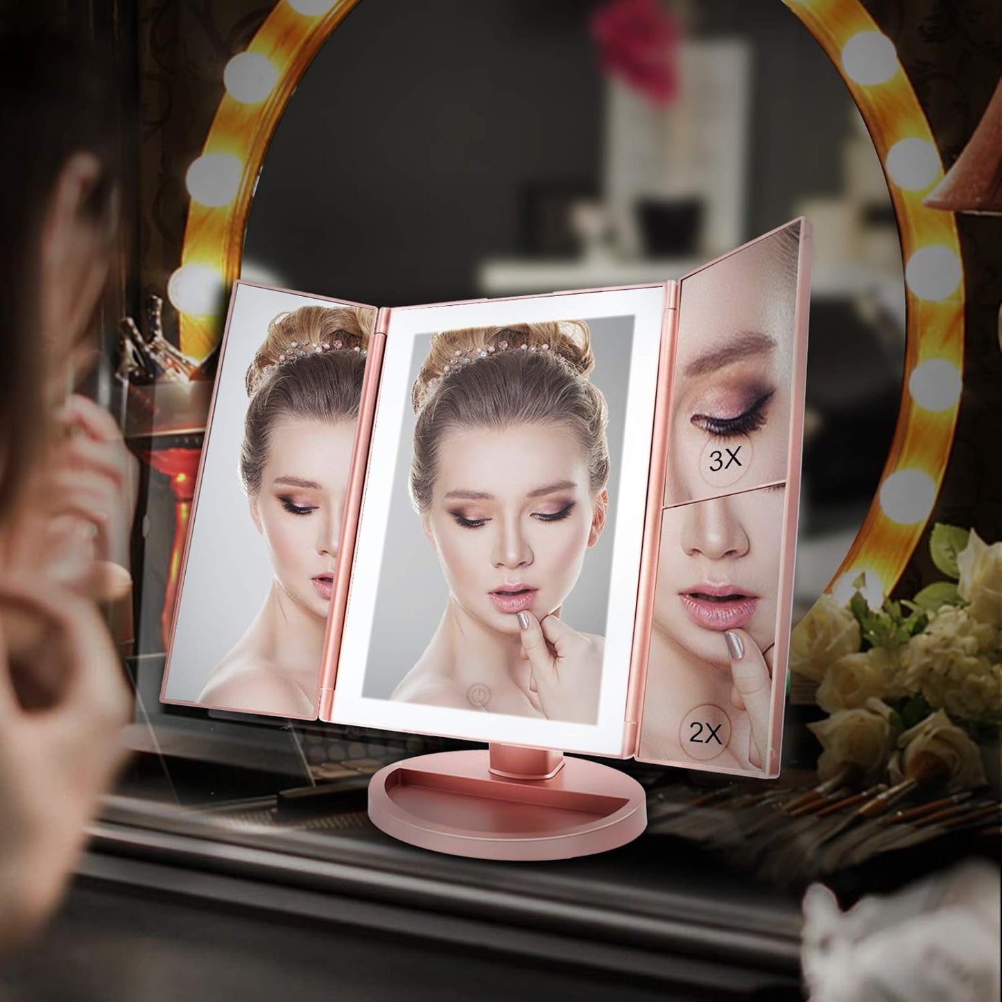 Trifold Make-up-Spiegel mit LED und USB-Aufladung, Rosa-1