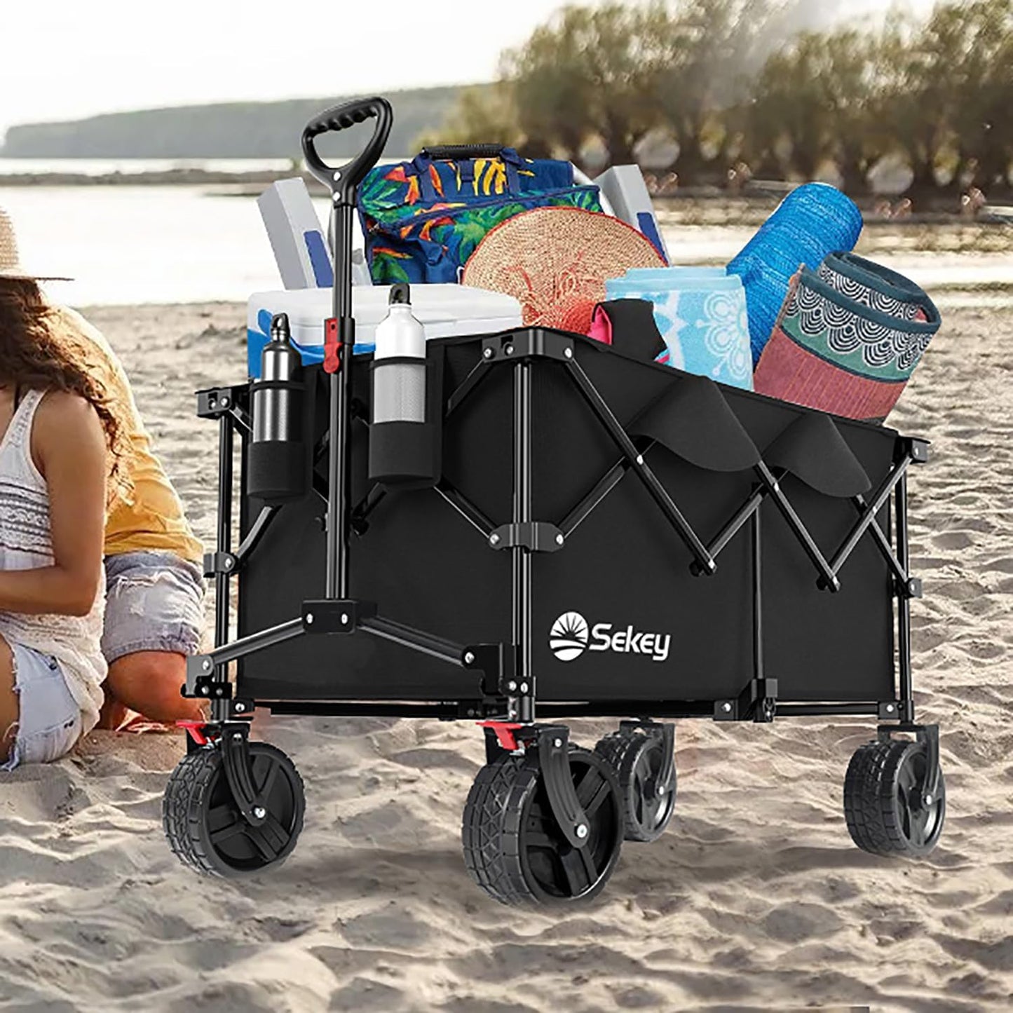 Faltbarer Bollerwagen mit Bremsen und breiten Reifen, Modell: XXL-PlusB 4011, Schwarz 8cm Räder