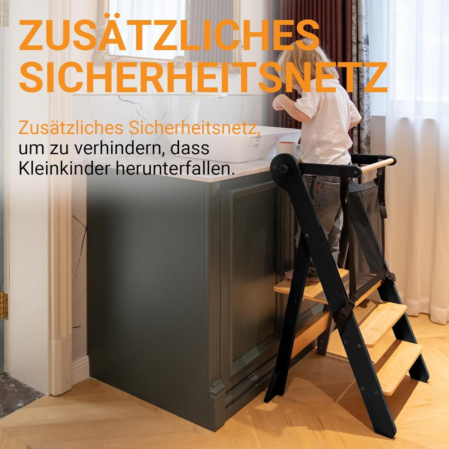 Klappbarer Lernturm, Schwarz mit Naturholz