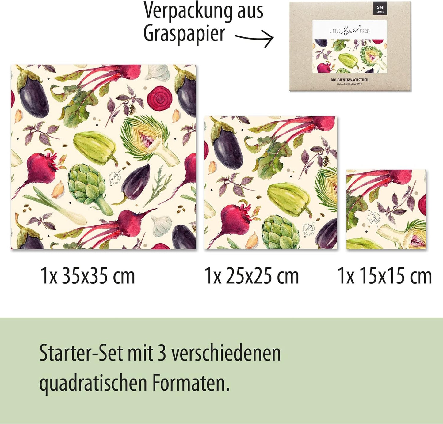 Bio-Bienenwachstücher Starter-Set (3 Stück), Gemüse