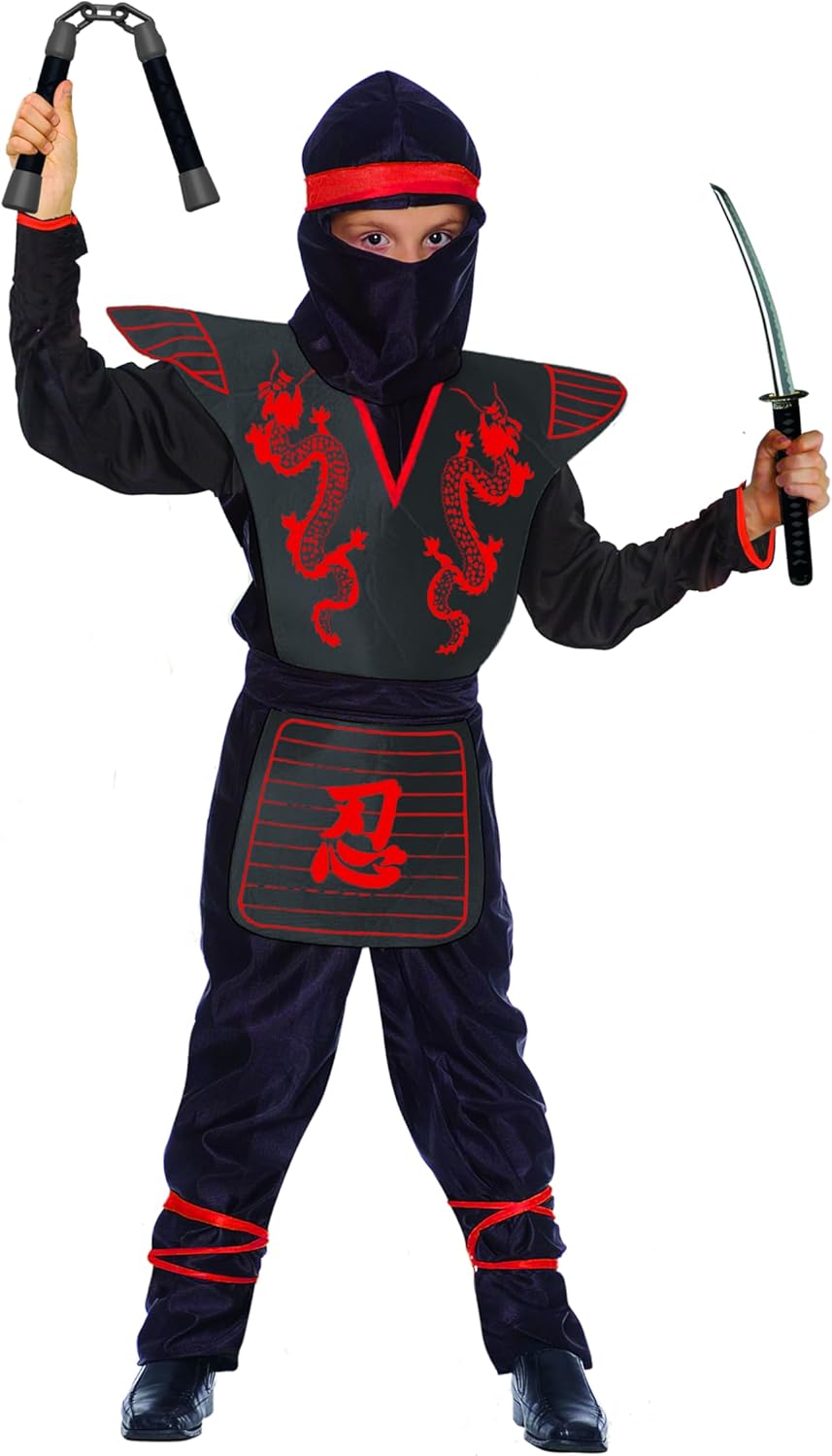Ninja Fighter Kostüm mit Spielzeugwaffen-Set, 5-7 Jahre Black, Red