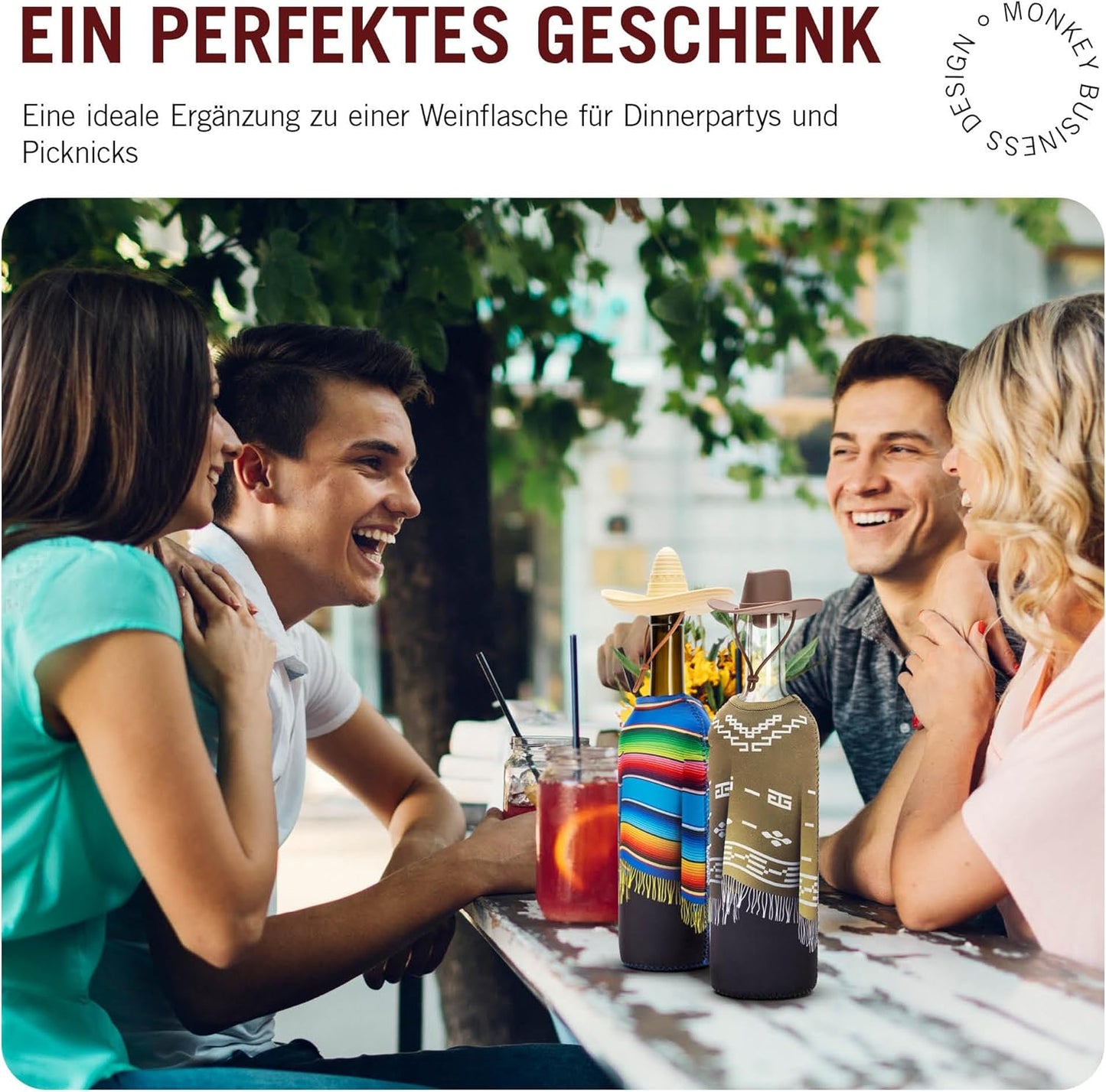 Geschenkbox Desperados für Weinliebhaber mit Flaschenverschlüssen und Ponchos