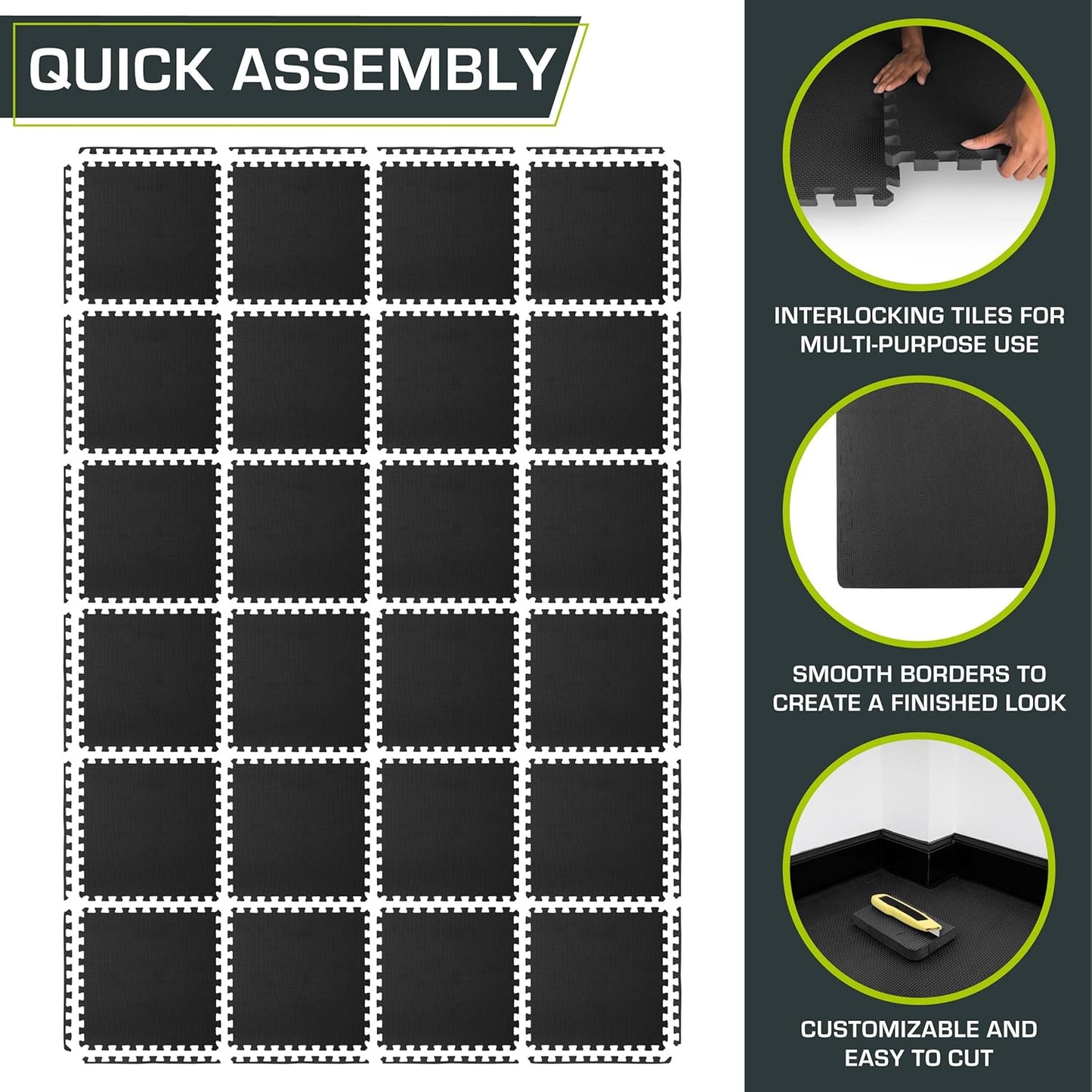 Extra dicke Puzzle-Übungsmatte aus EVA-Schaum 24 Fliesen, Black - 3/4 Inch - 96 Sq Ft - 24 Tiles