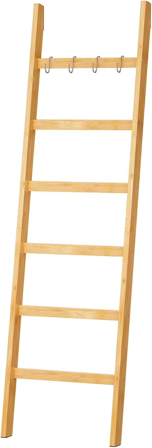 Handtuchleiter mit 6 Sprossen und Sicherheitsriemen, Bambus