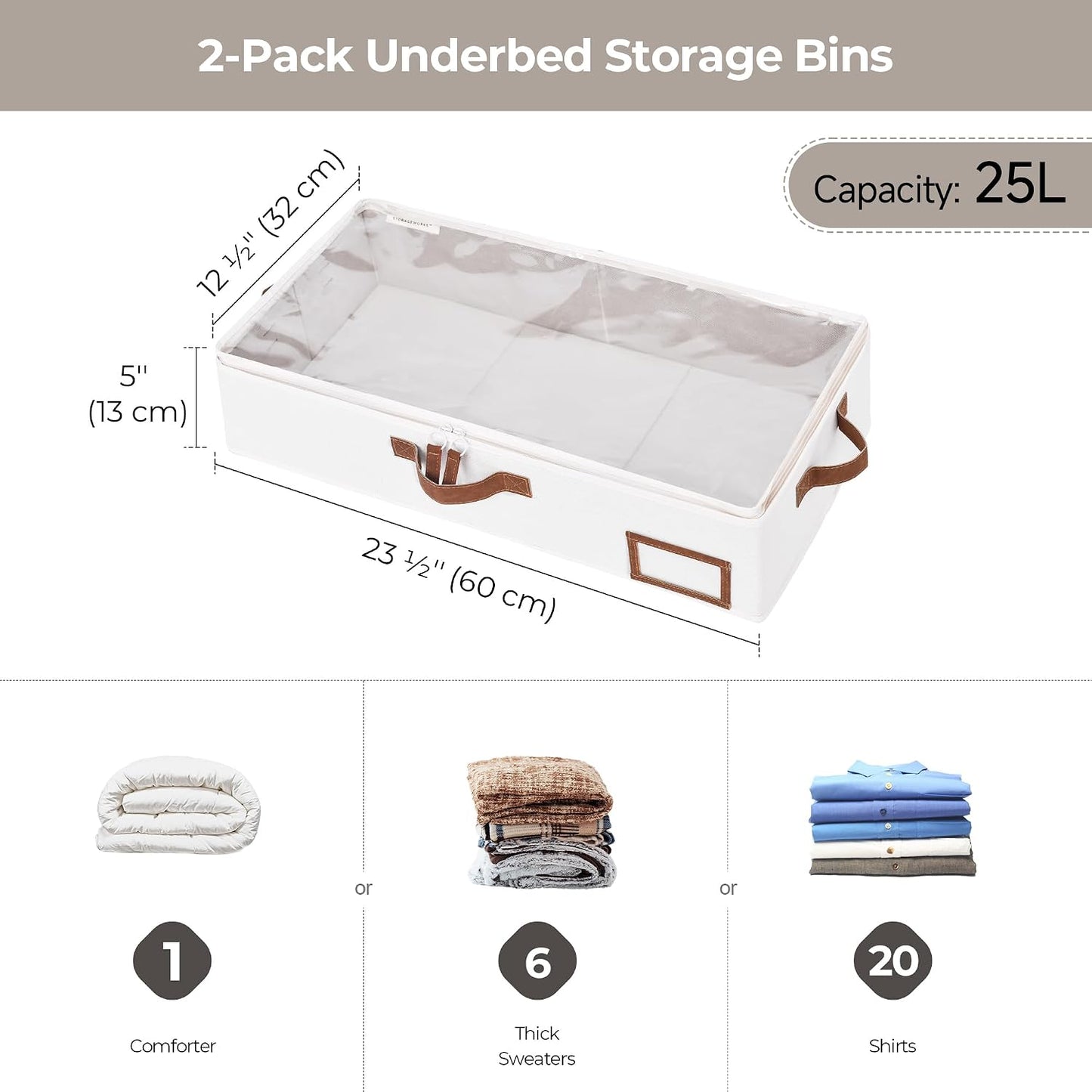 Unterbett-Aufbewahrungsbox, 2 Stück, 60 x 32 x 13 cm Beige