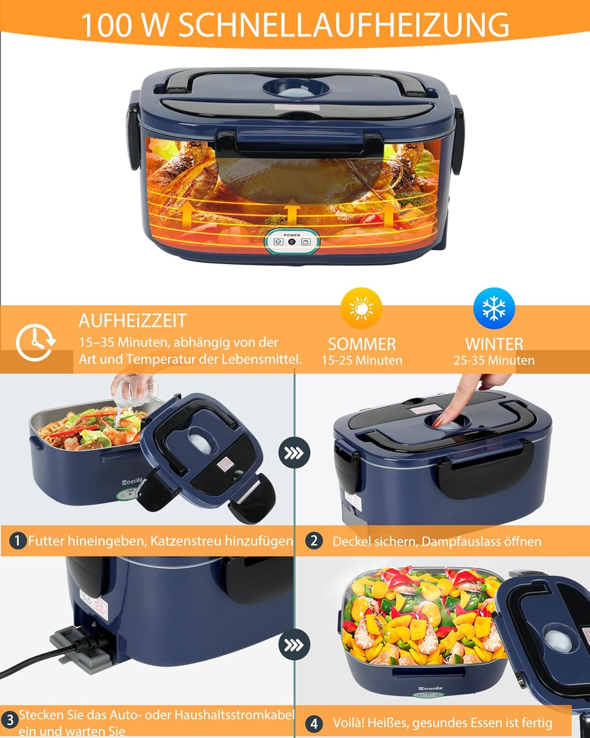 Elektrische Lunchbox mit Speisenwärmer, Blau-1.5l