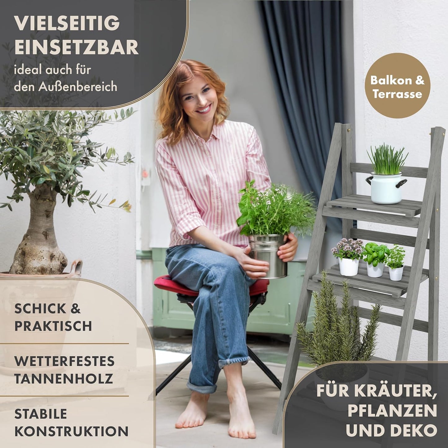 Klappbare Blumenleiter mit 3-Ebenen, M - 108x41x40cm