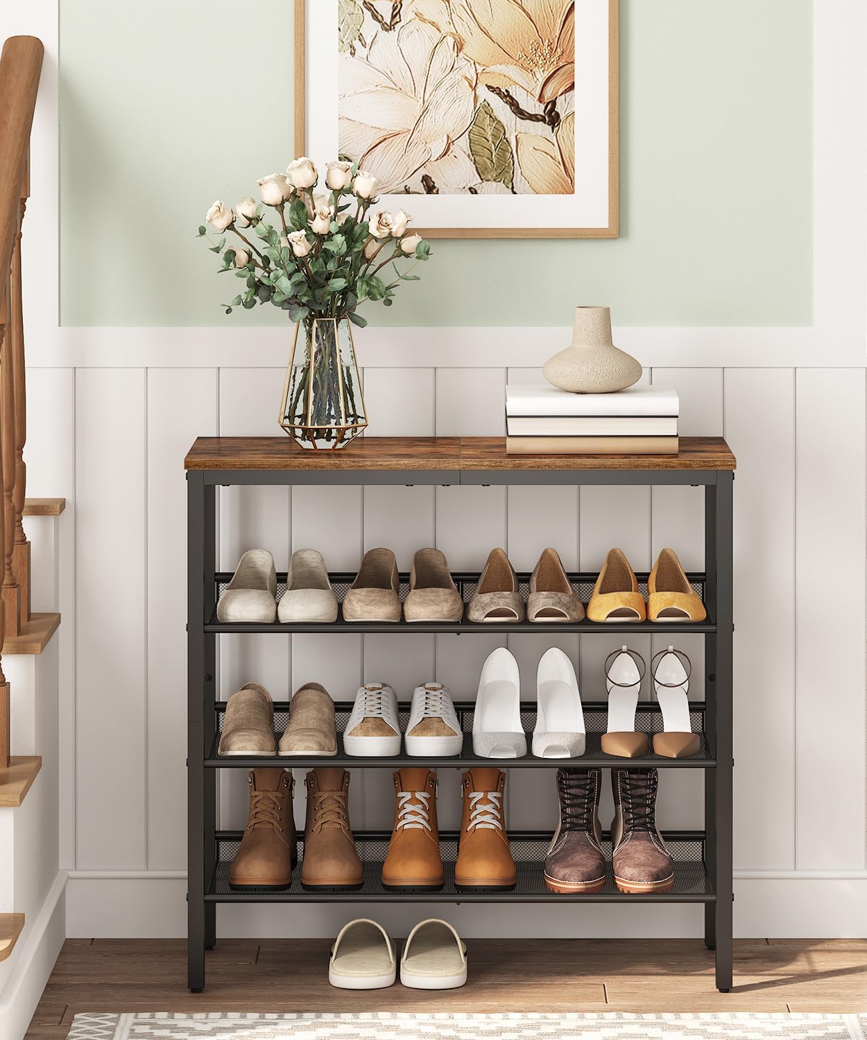 Schuhregal mit verstellbaren Metallgitterregalen (4 Ebenen), Dunkelbraun + Schwarz 75 x 30 x 69 cm
