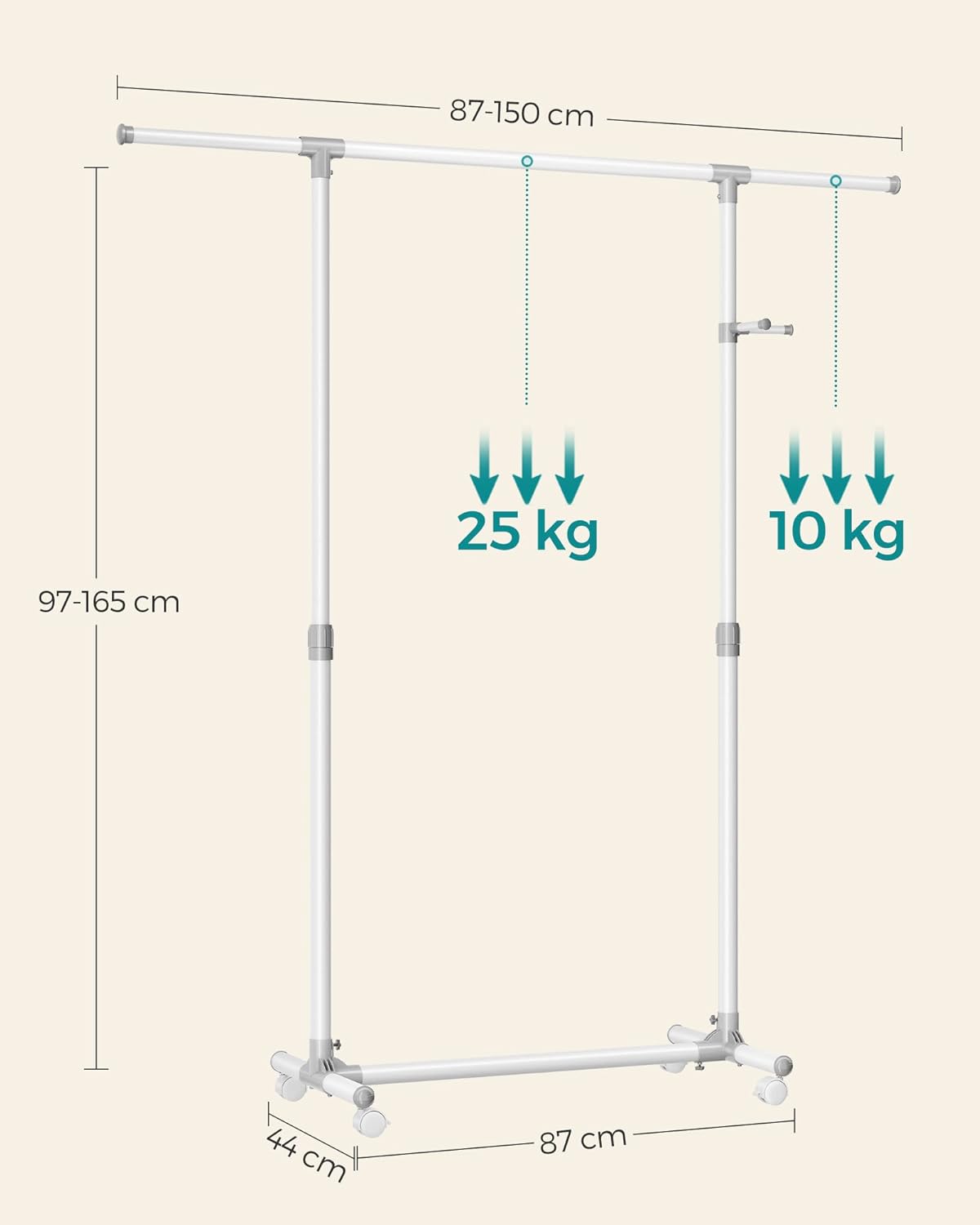 Höhenverstellbarer Kleiderständer mit Rollen, LLR001W01, (87-150)x 44 x(97-165)cm Wolkenweiss