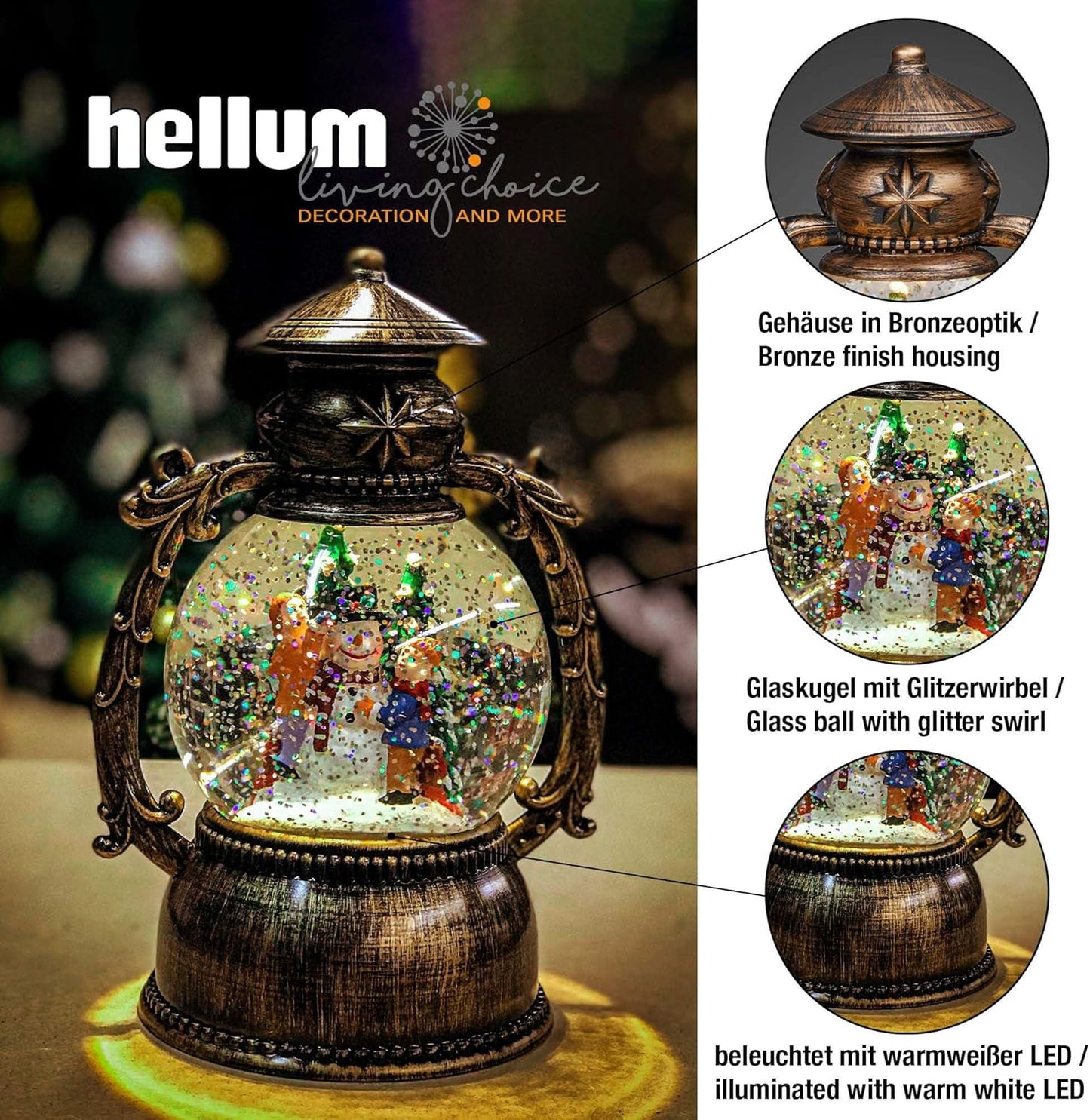 Schneekugel - LED Laterne (524321), Schneemann, Kugel-Laterne / 14 x 20cm