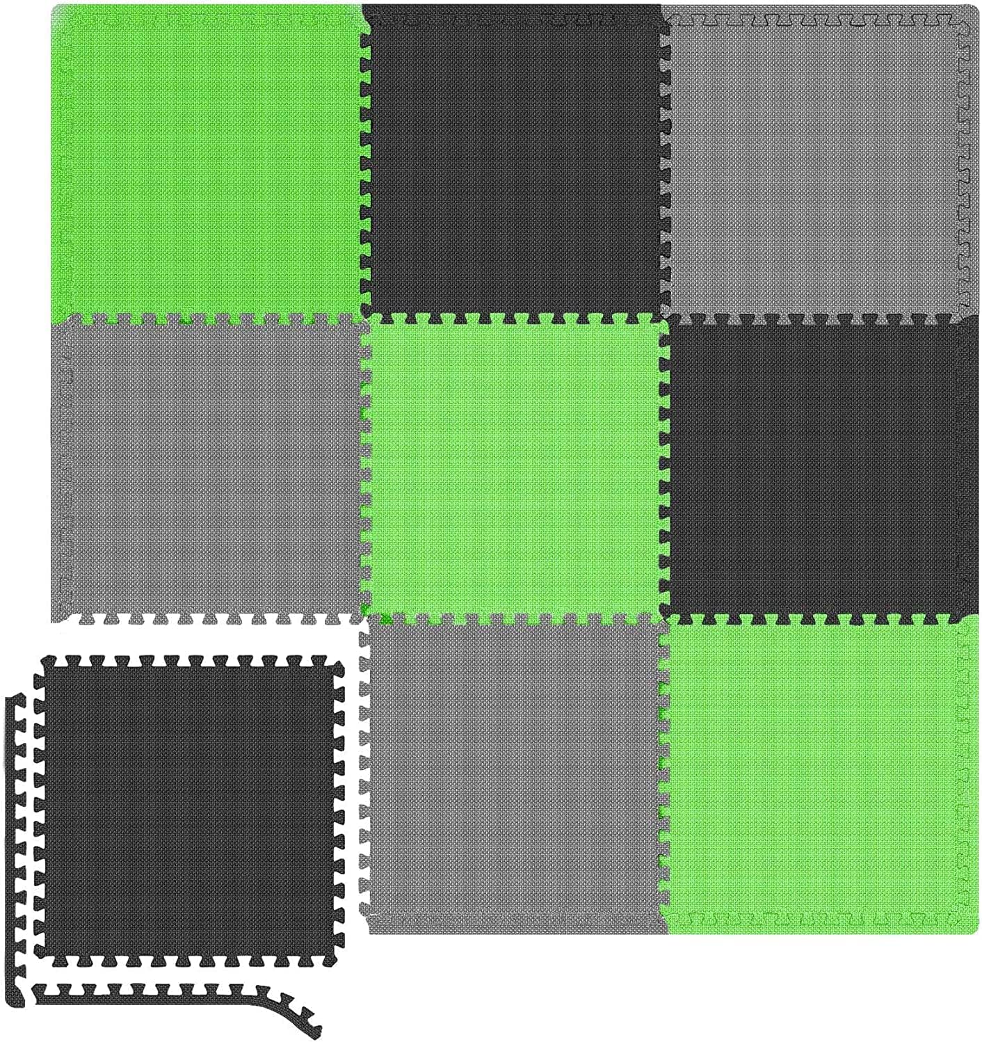 9er-Set rutschfeste Puzzlematte für Fitnessgeräte-Bodenschutz, Schwarz/Grau/Grü
