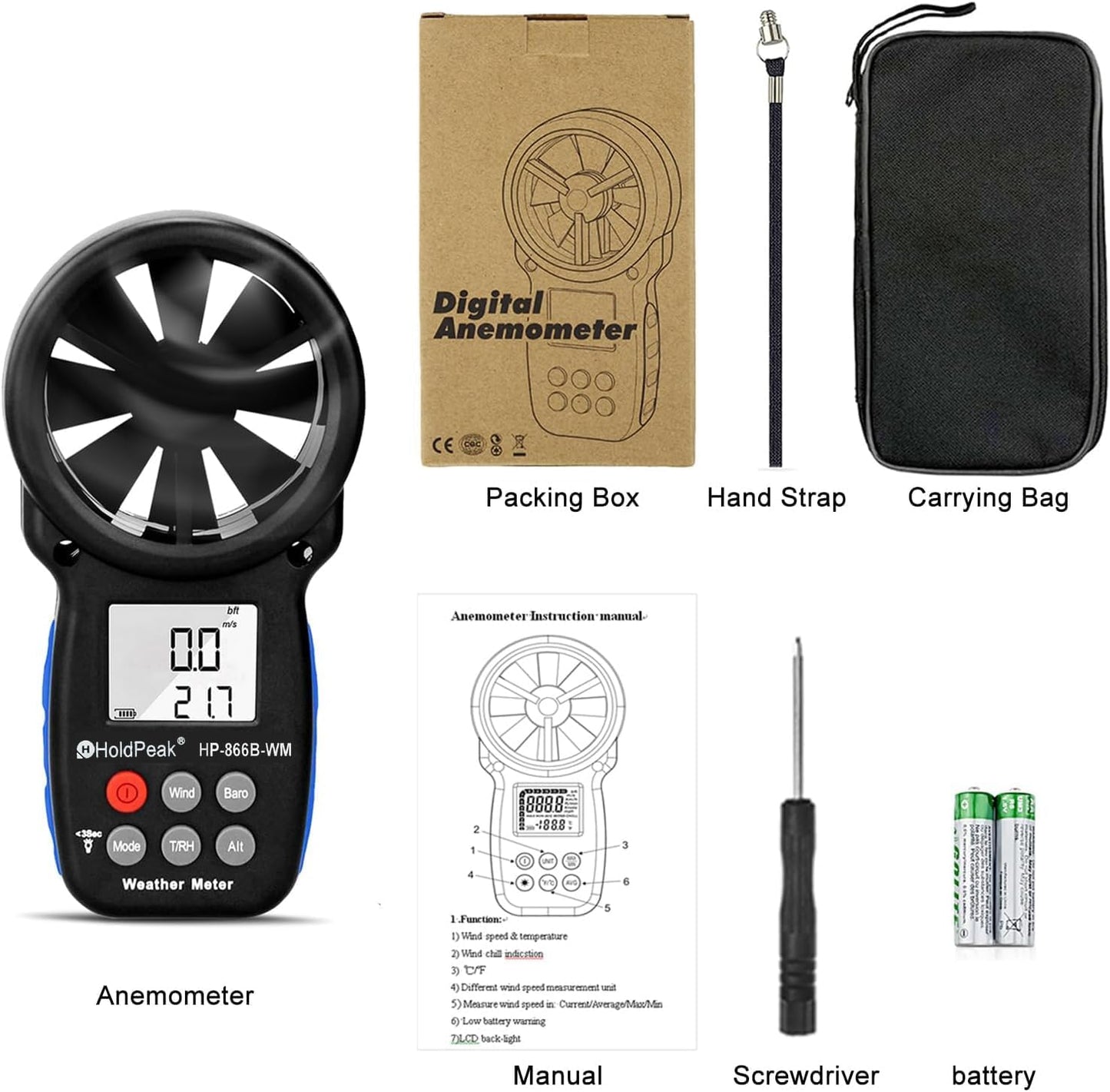 Digitales Anemometer für Windgeschwindigkeit & Temperatur, 2-Anemometer Messung des atmosphärischen Drucks