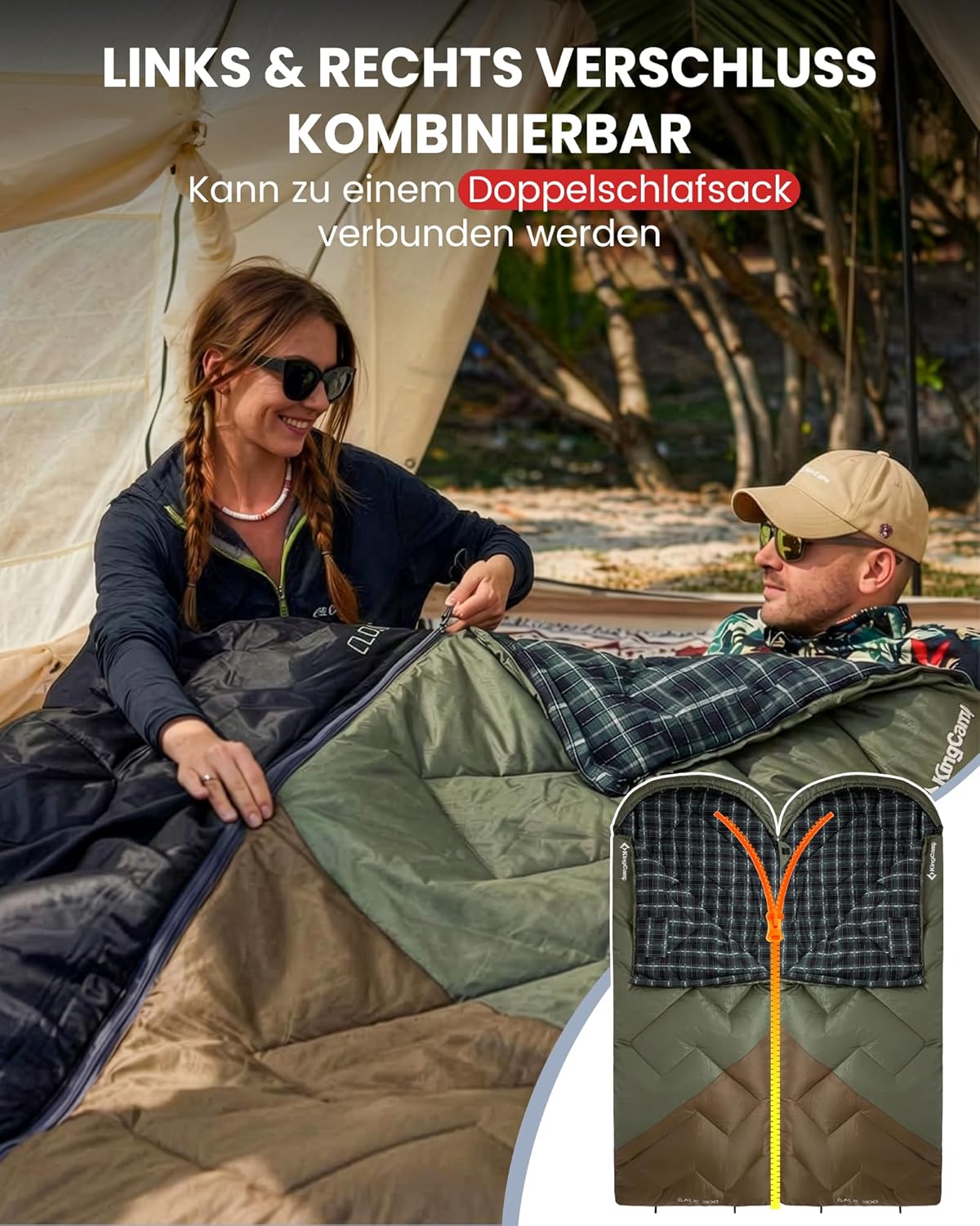 Schlafsack für Erwachsene, 300GSM Grün/Braun-R-Zip