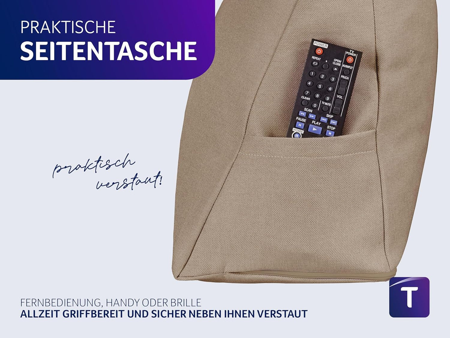 Cozy Lese- und Rückenkissen mit Seitenfach, Hellbraun Möbelstoff (100% Polyester)