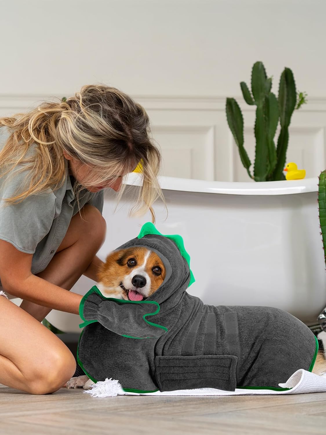 Hundebademantel, L Grau grün