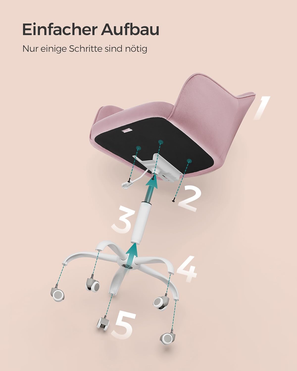 Homeoffice-Drehstuhl, höhenverstellbar, bis 110 kg, Pastellrosa Samt