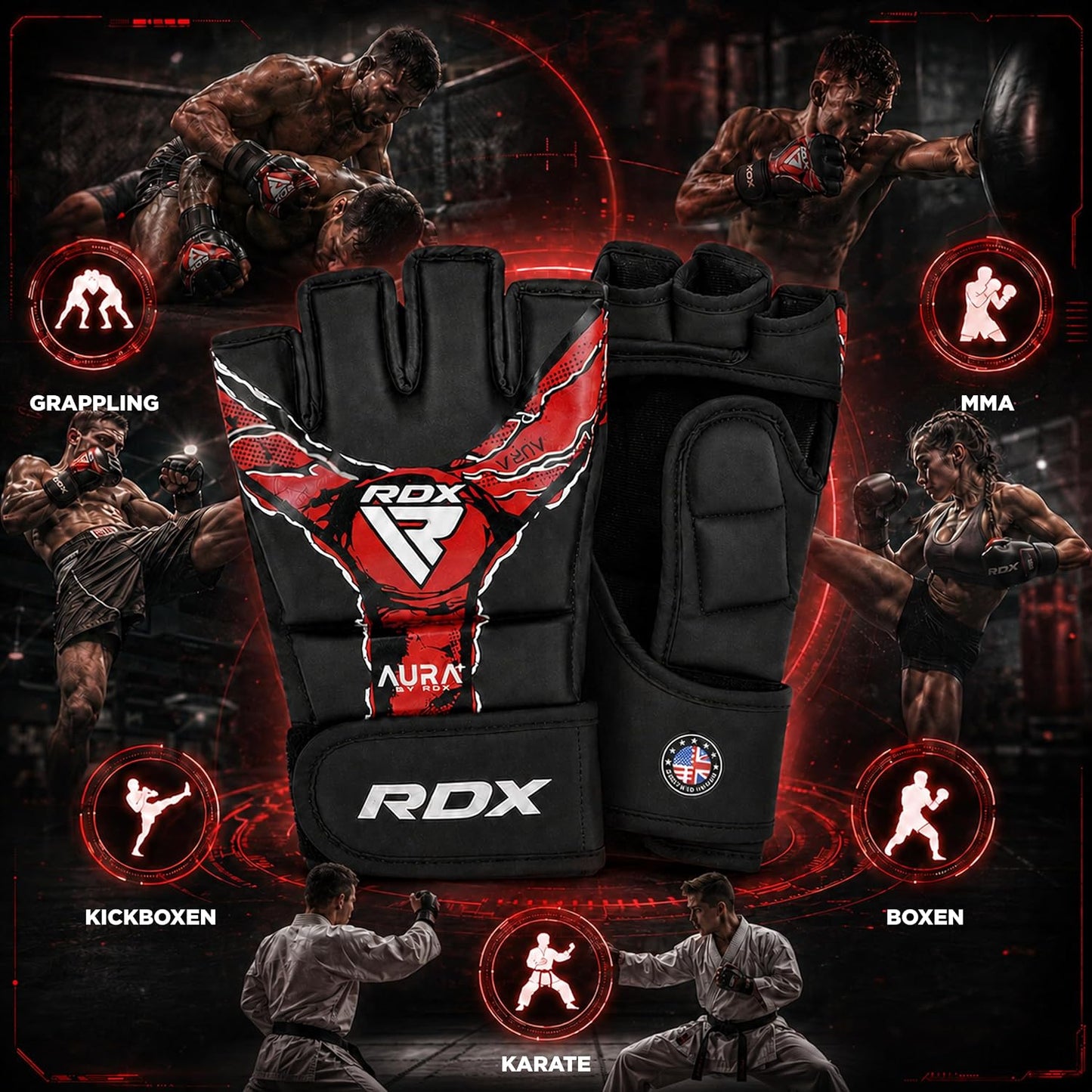 Grappling Handschuhe Aura Plus F-17 für MMA Training, Black/Red S