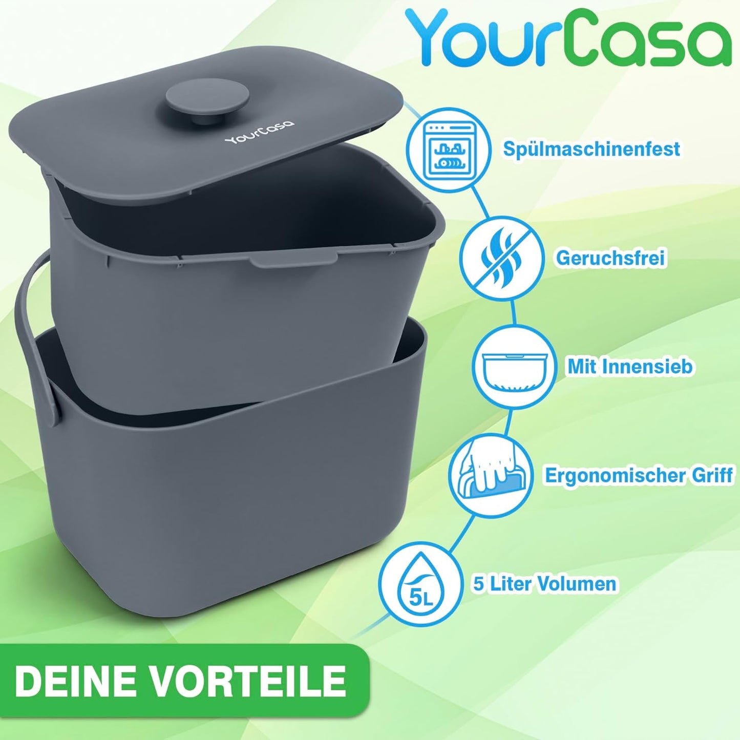 Biomülleimer mit Sieb & ergonomischem Griff, Anthrazit