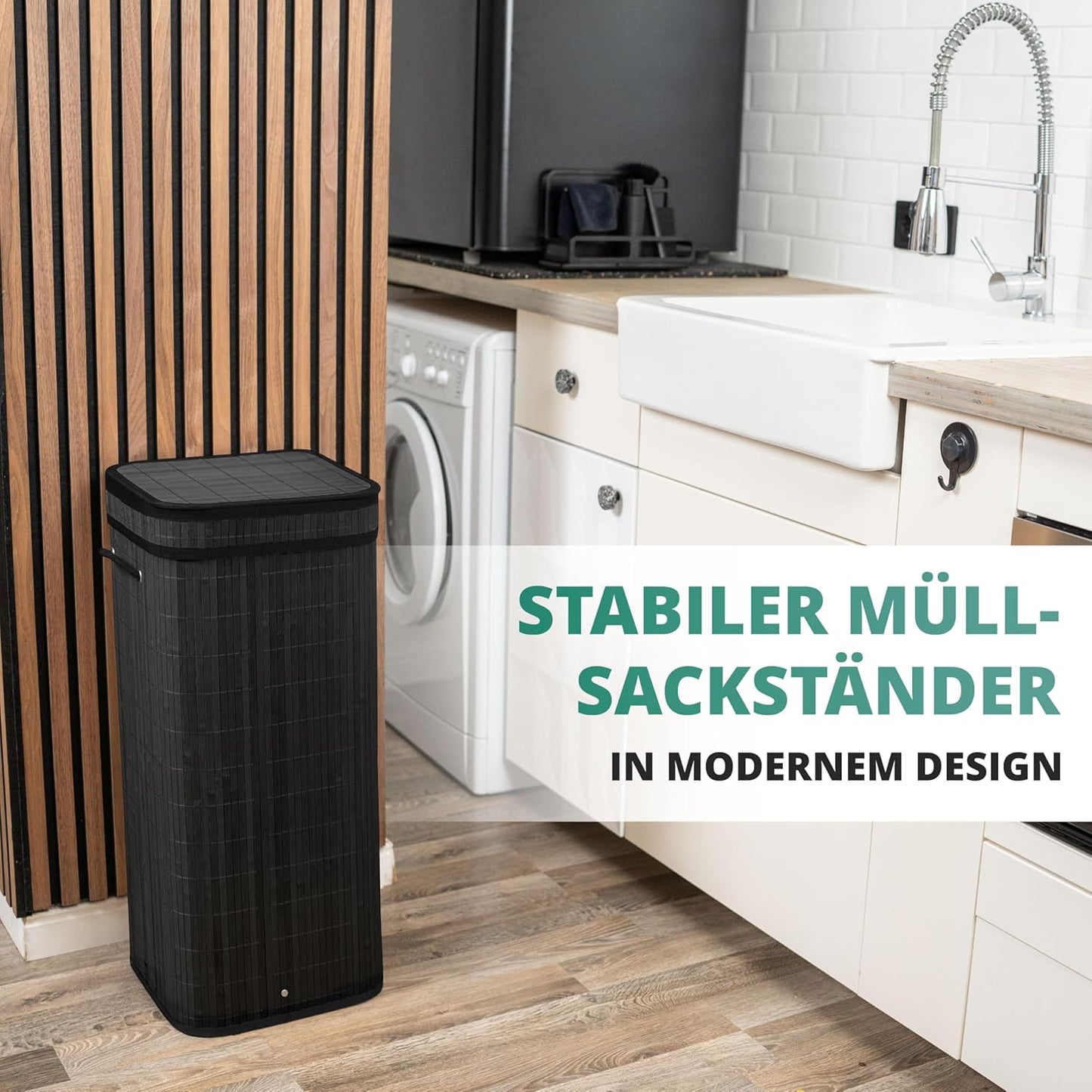 Müllsackständer mit Deckel, Bambus / Schwarz