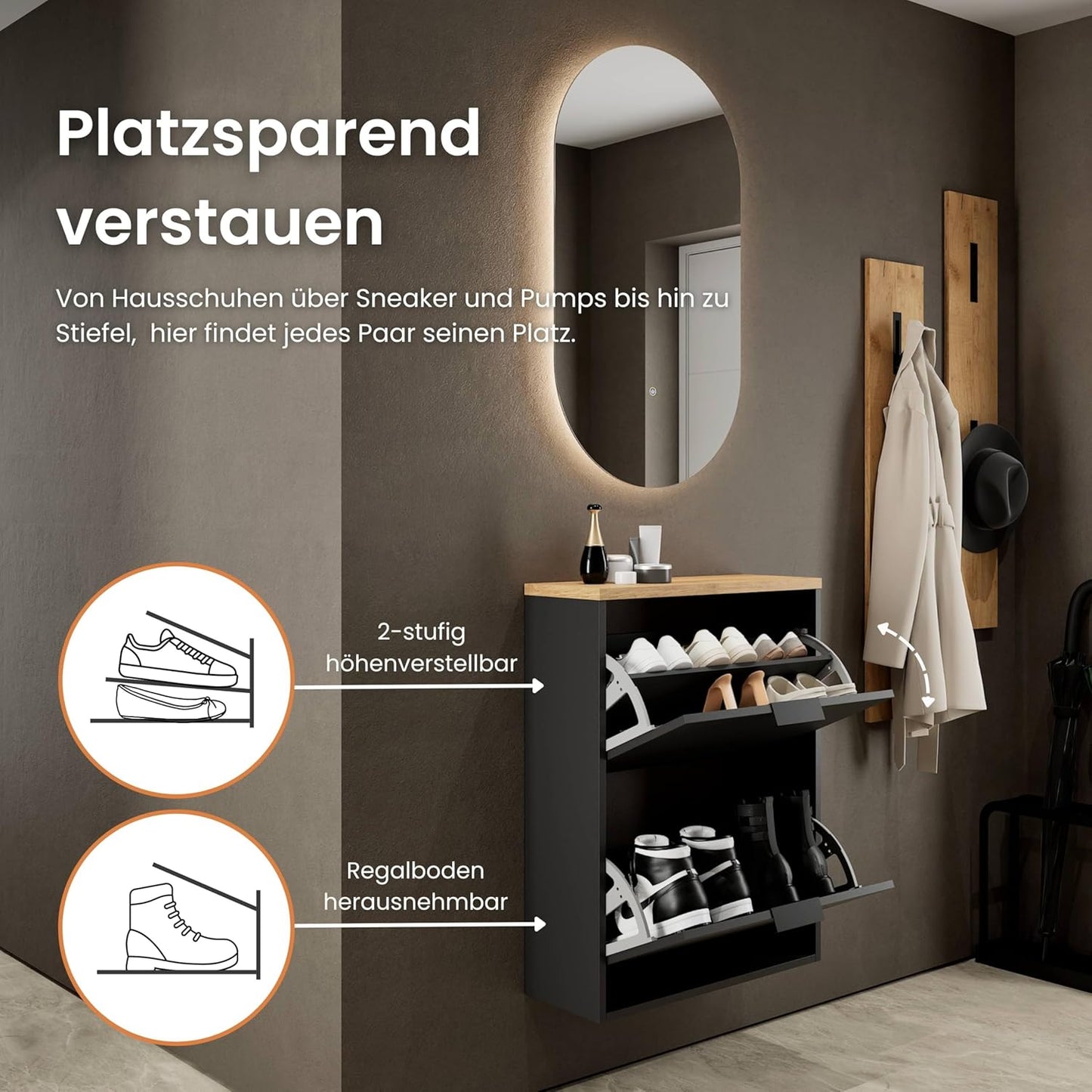 Schmaler Schuhschrank mit 2 Klappen und 4 Ablagen, 2 Klappen Schwarz