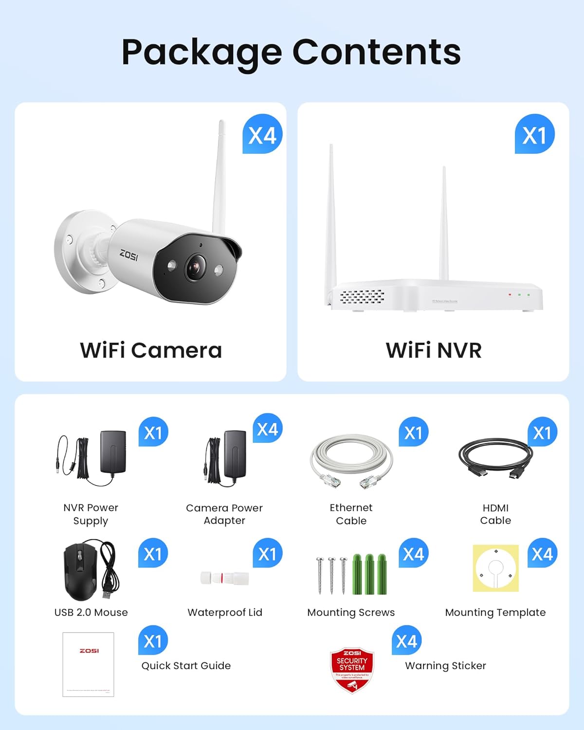 2K 3MP WiFi 6 Überwachungskamera-Set (8-teilig), 4 Kameras ; Weiss