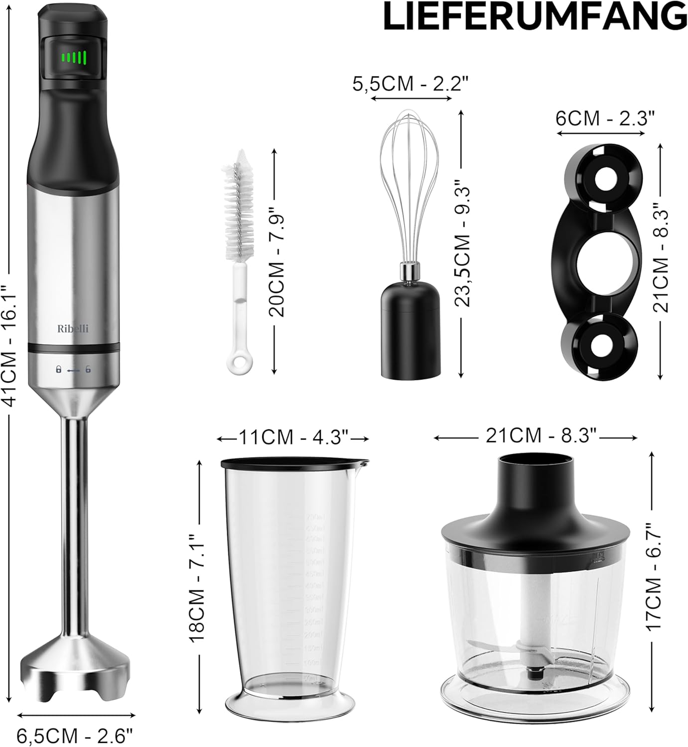 Stabmixer Set mit Zerkleinerer & Schneebesen, Silber