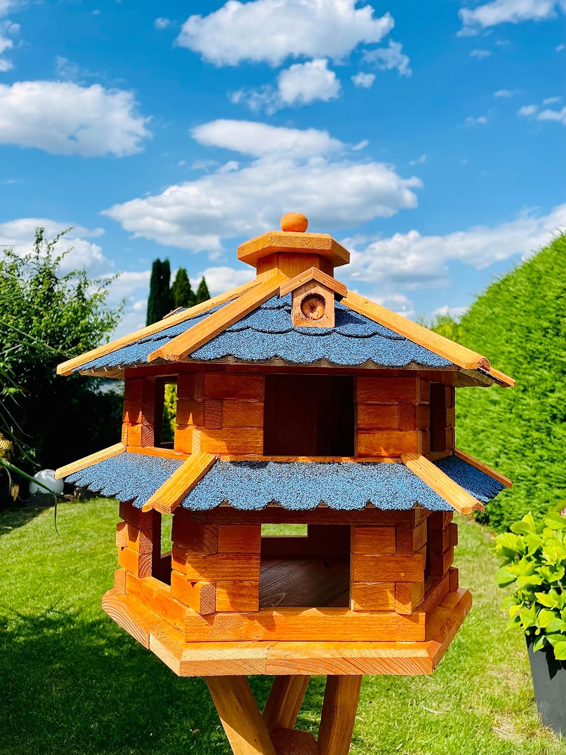 Vogelhaus, Größe XL mit Ständer Blau - Braun