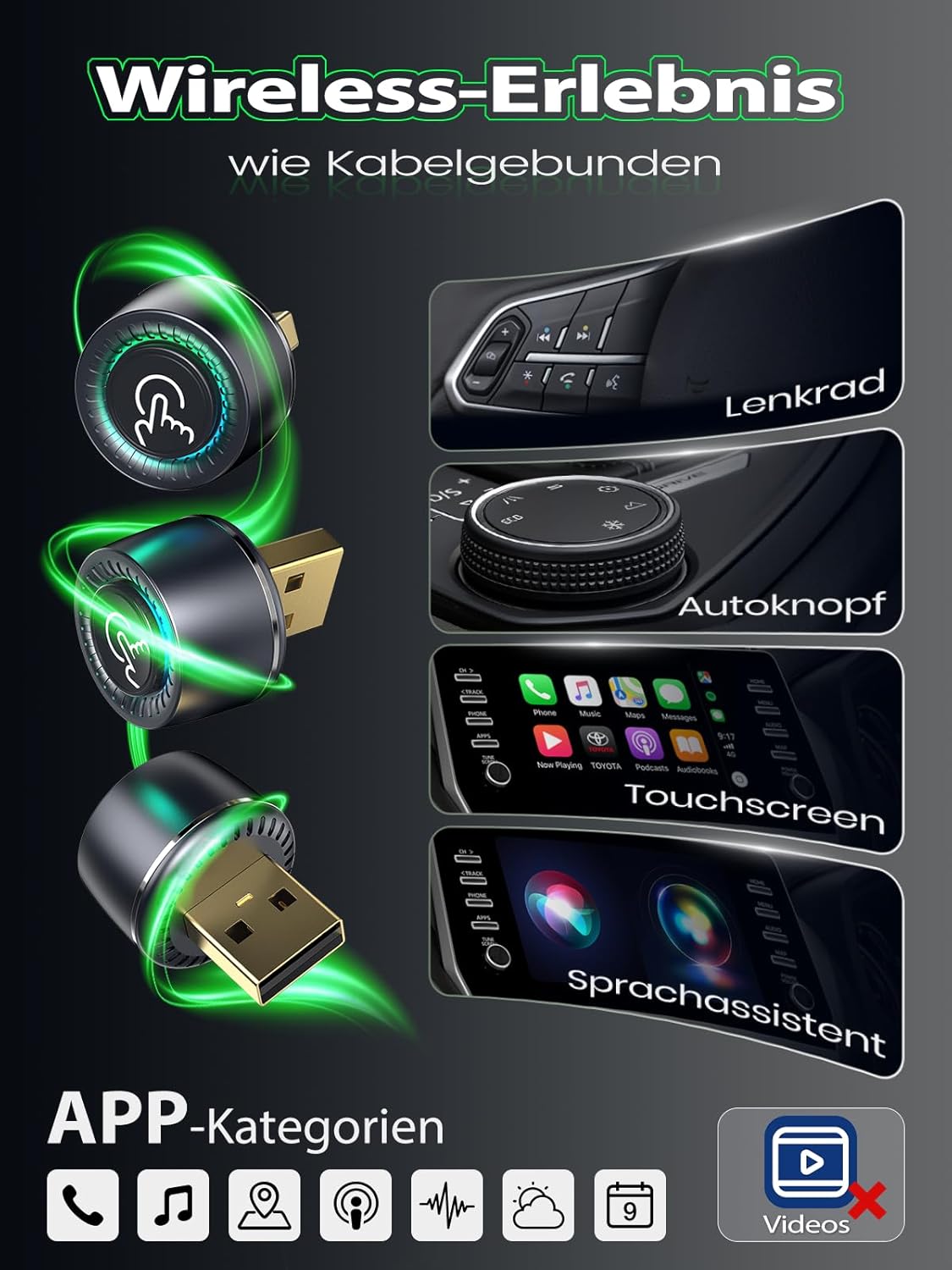 Kabelloser CarPlay Adapter für iOS & Android, Tiefschwarz