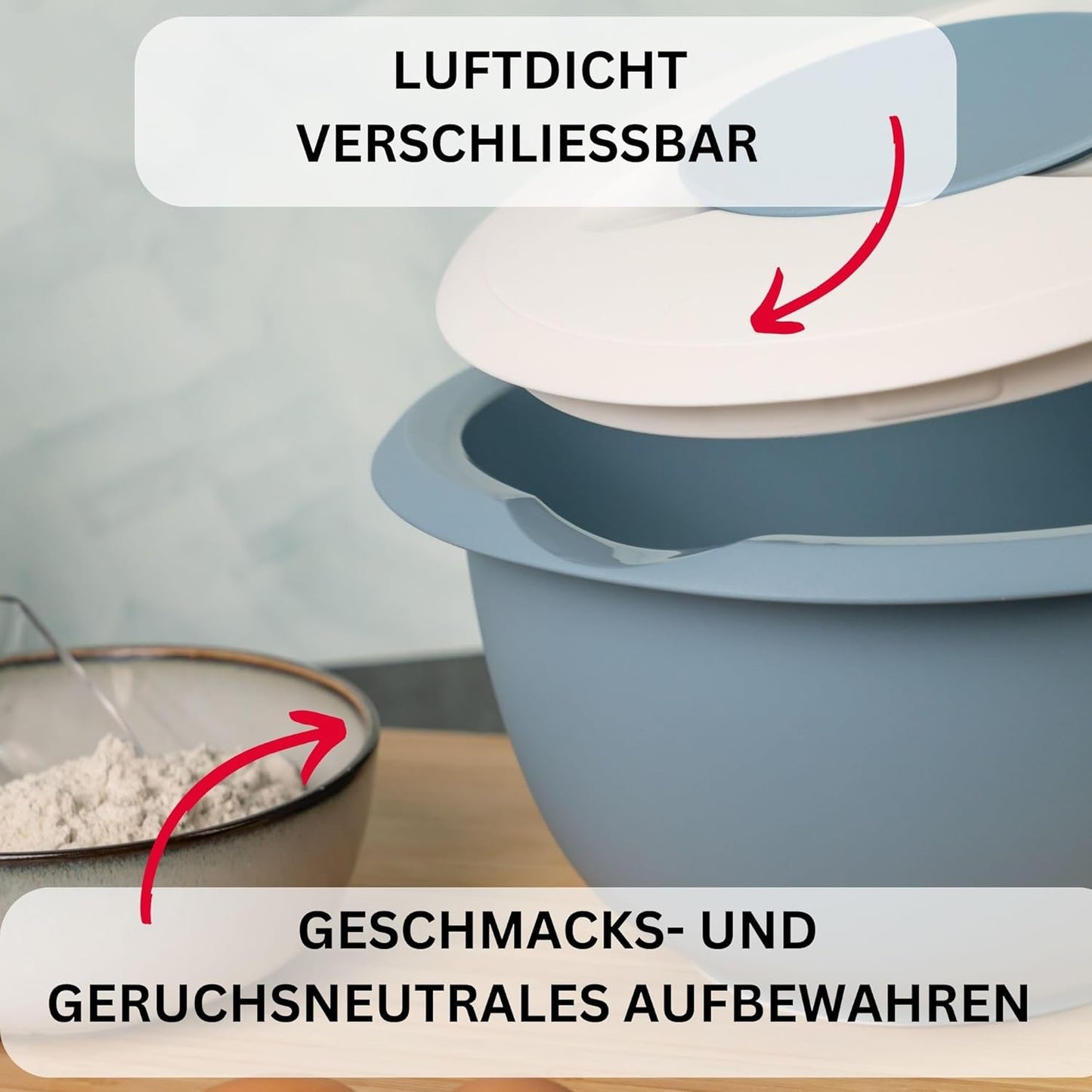 Rutschfeste Rührschüssel, Blau/Weiss, mit Deckel