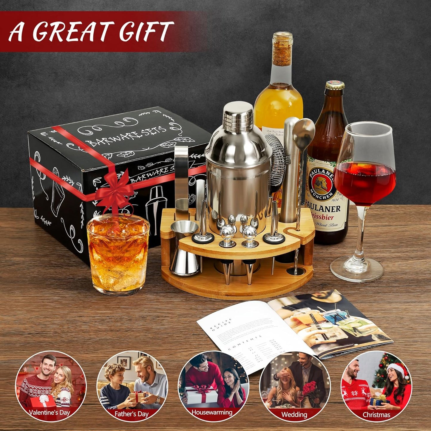 Cocktail Shaker Set mit Bambusständer (12-teilig), Silber-12 Stück