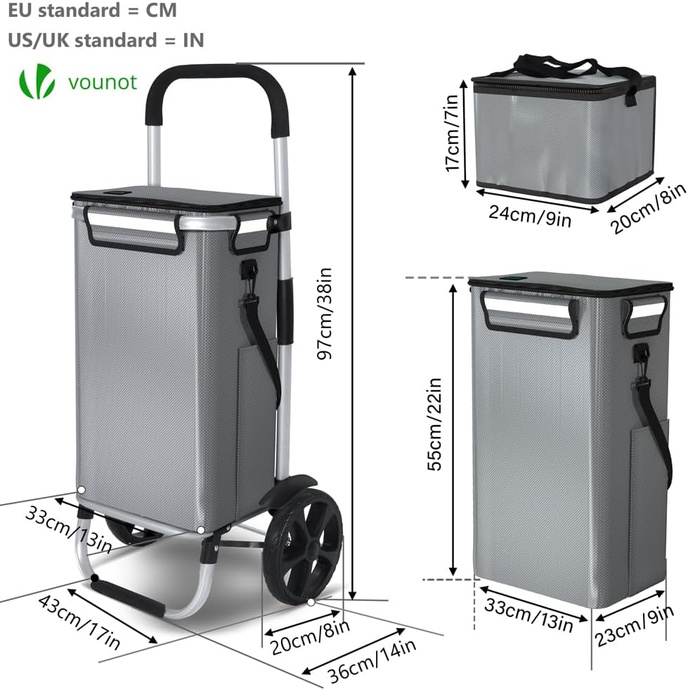 Faltbarer Einkaufstrolley mit Kühlfach und Treppensteiger-Funktion, Grau