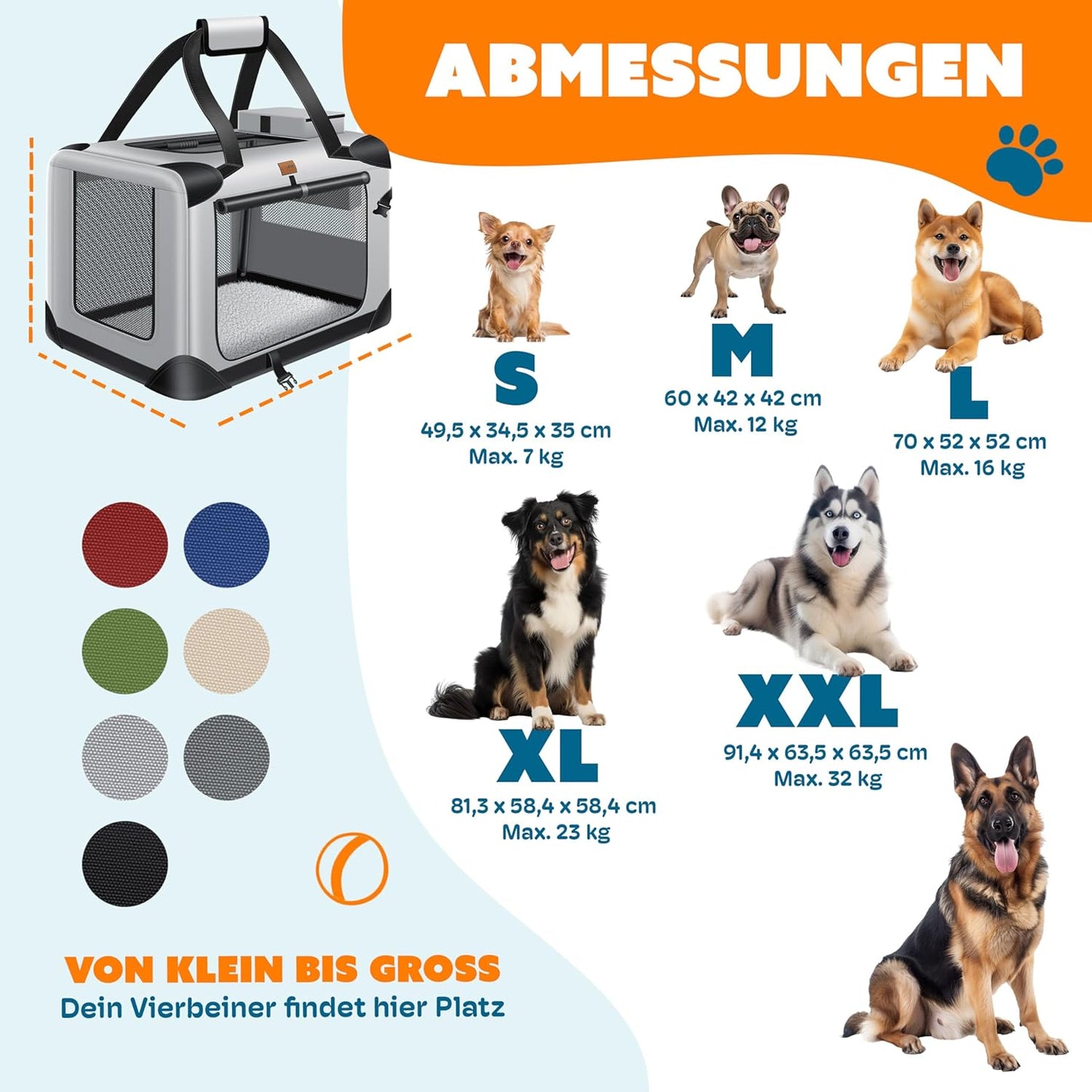 Transportbox für Haustiere inkl. Napf & Schultergurt, XL Hellgrau
