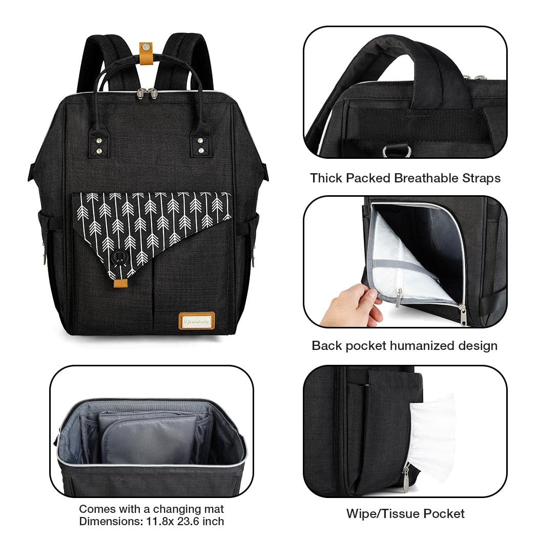 Wickelrucksack mit Wickelunterlage, Schwarz