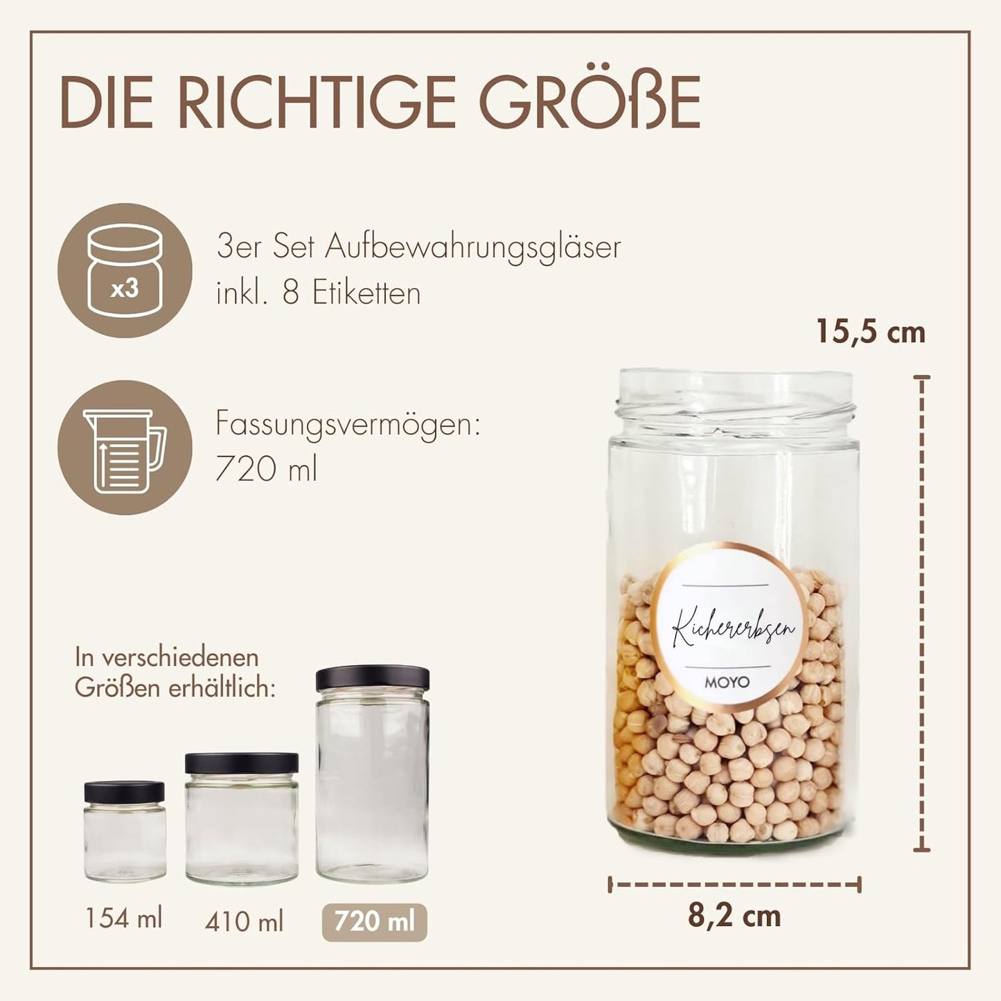 3er Set Vorratsgläser mit Deckel, 3 x 720ml