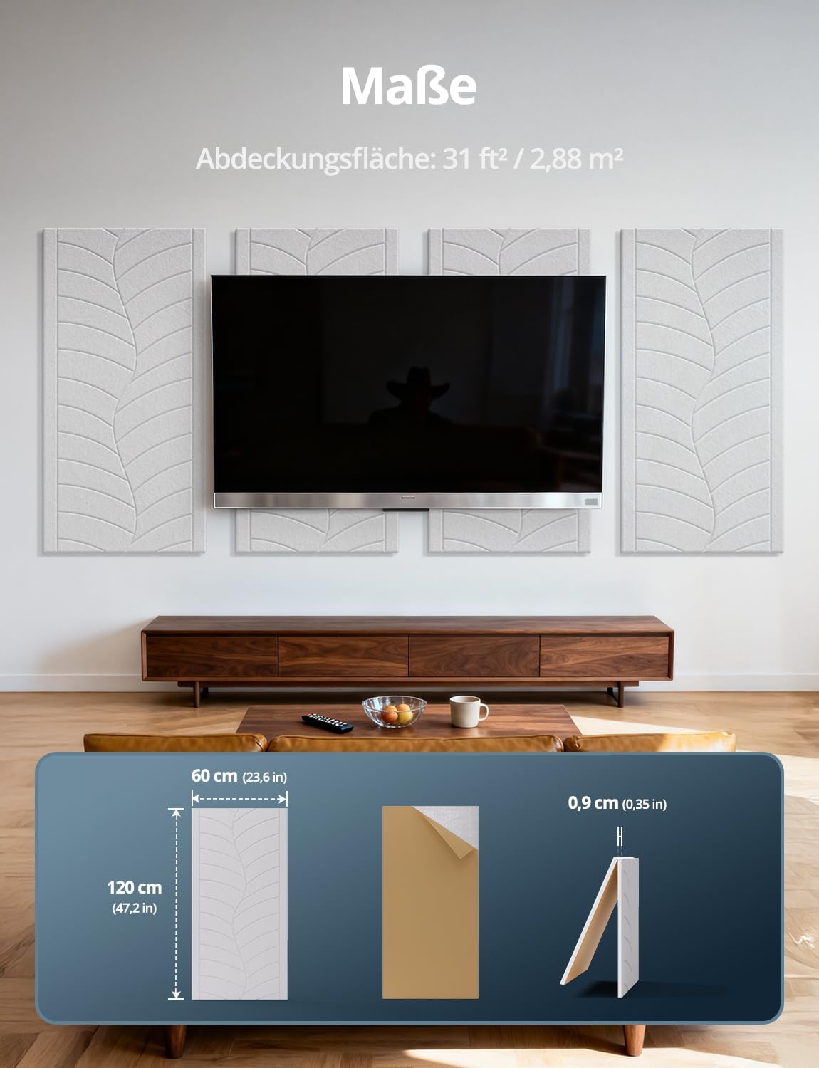 4 x selbstklebende Akustikplatten, Grosse Blätter –4 Stück Weiss