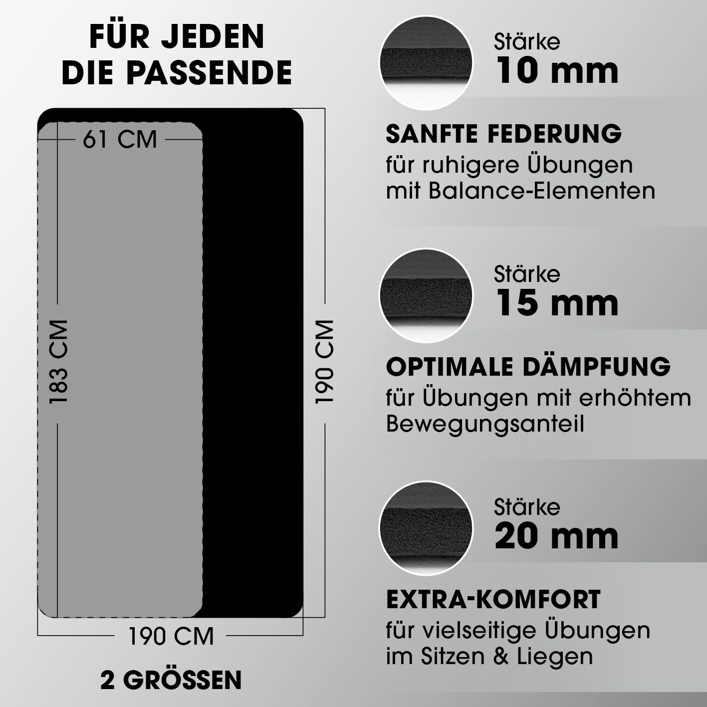 Rutschfeste Yogamatte, 183 x 61 x 2 cm schwarz