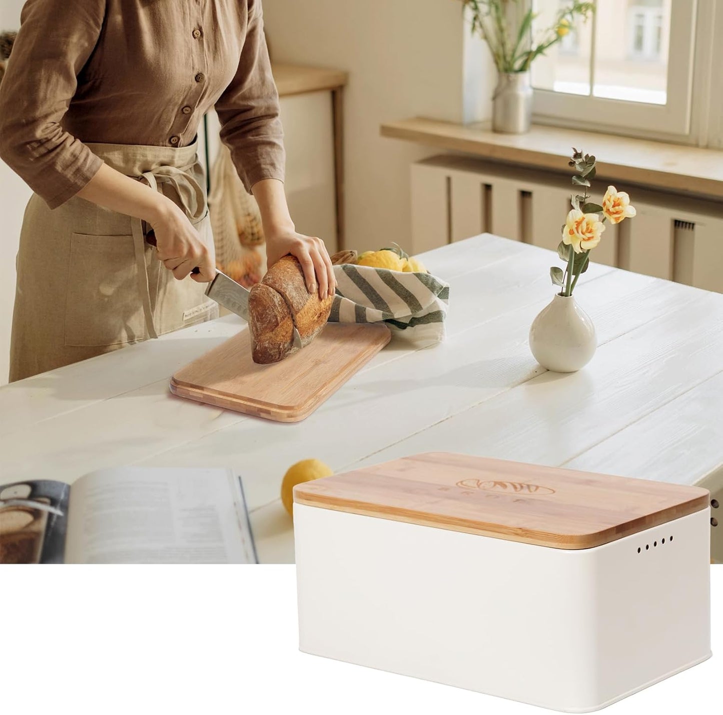 Brotkasten mit Schneidebrett und Brotbeutel, Beige