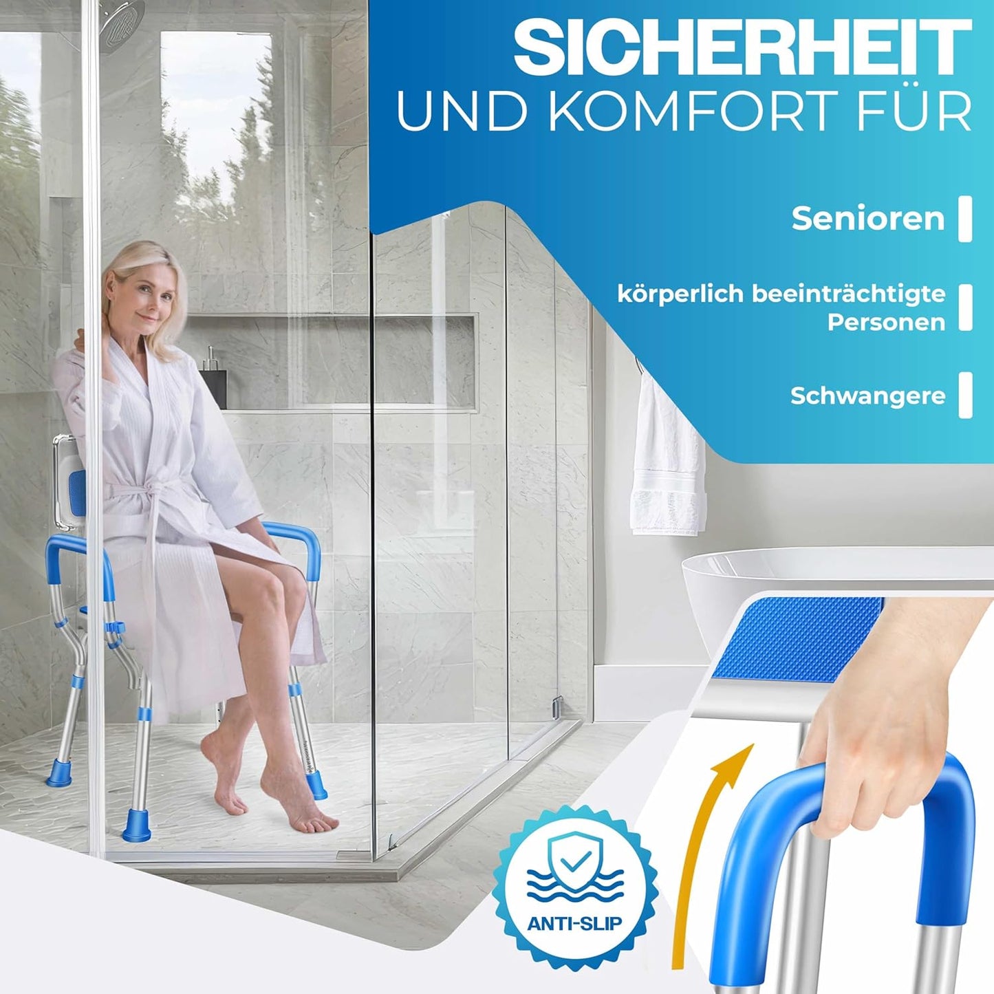 Höhenverstellbarer Duschhocker mit Lehne, Weiss / Blau