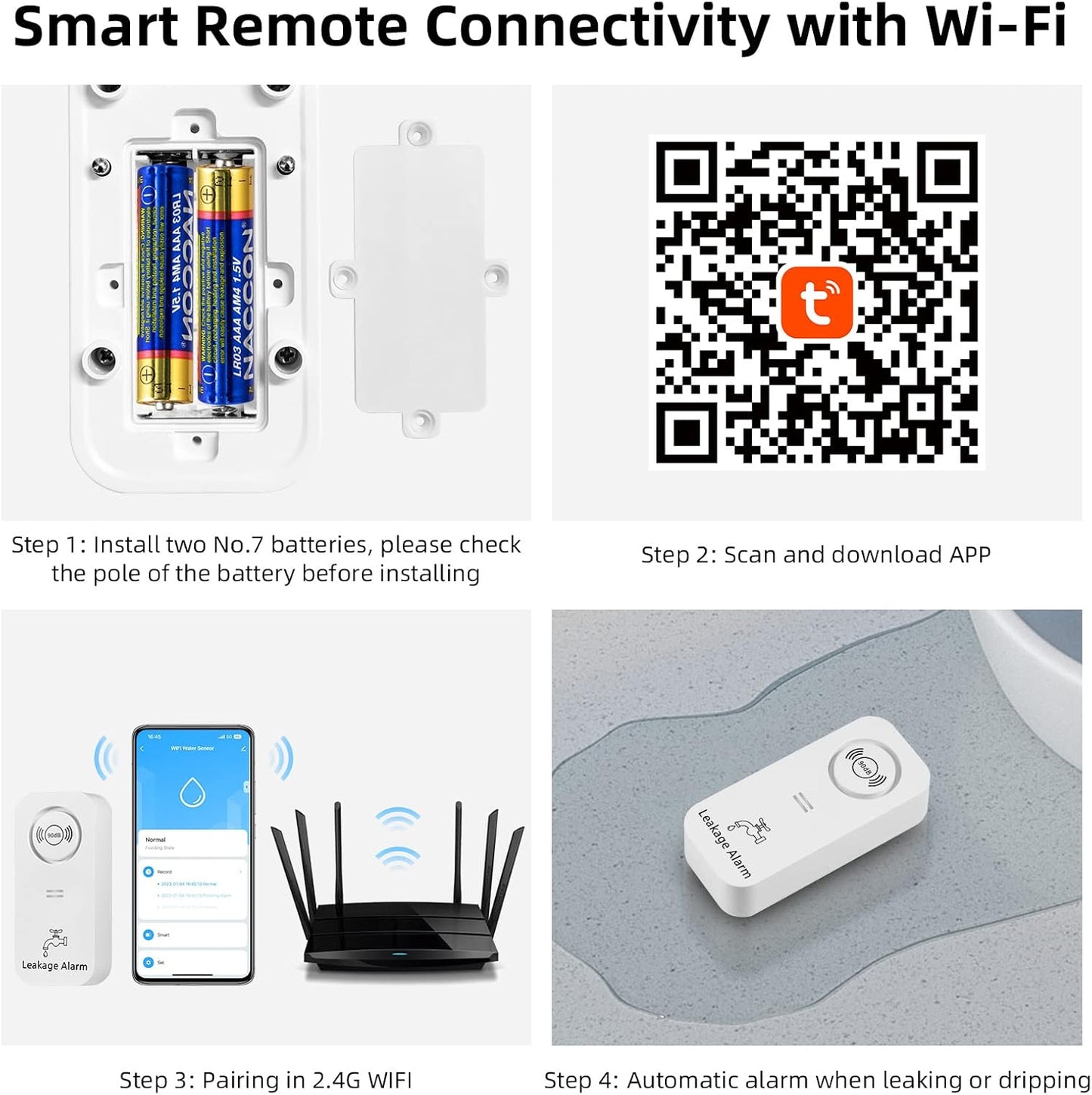 5er Set WLAN Wassermeldermit App Alarm, 5-teiliges Set