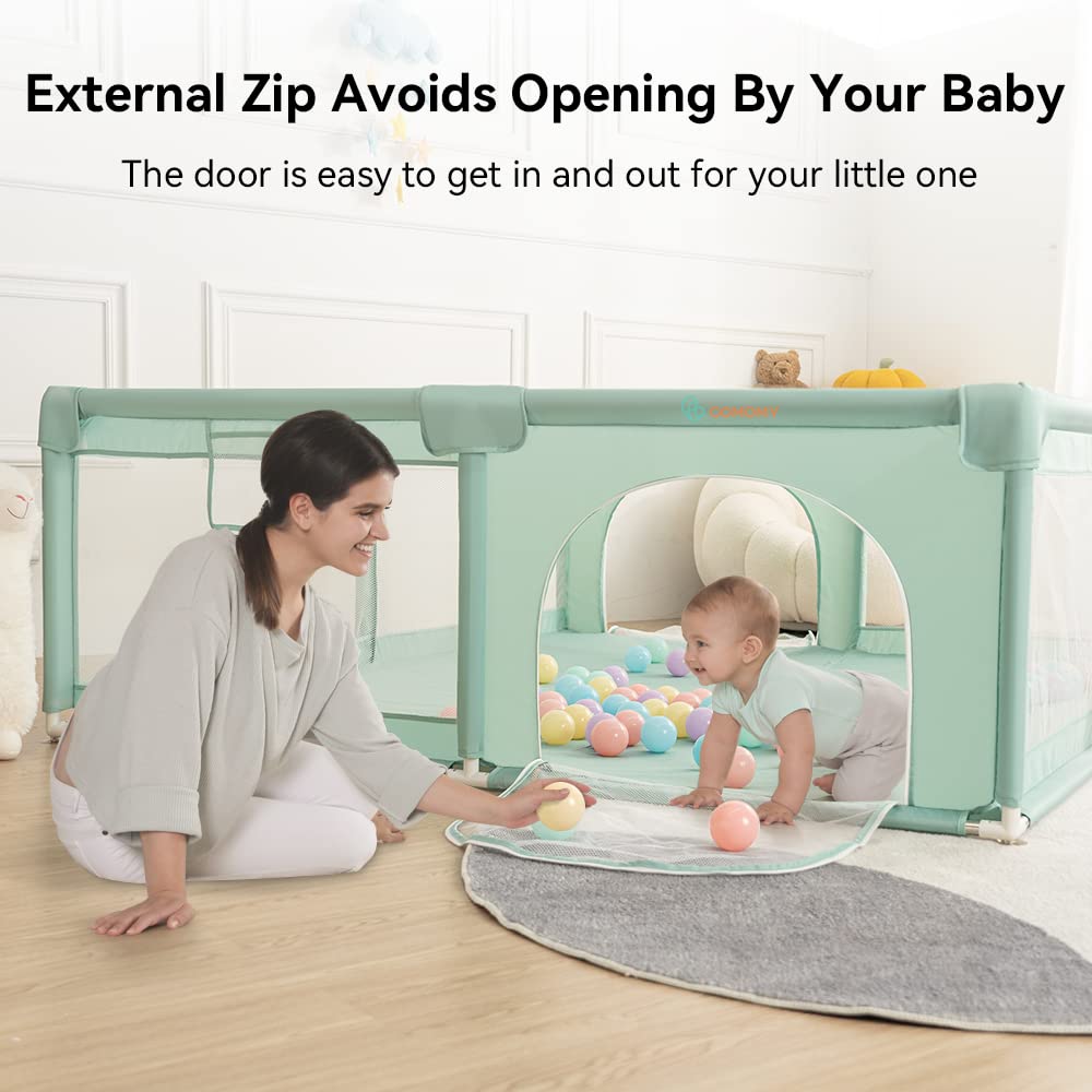 Laufstall Baby XXL mit Schutzgitter und Spielzubehör, Dunkelgrün 180x200x66cm